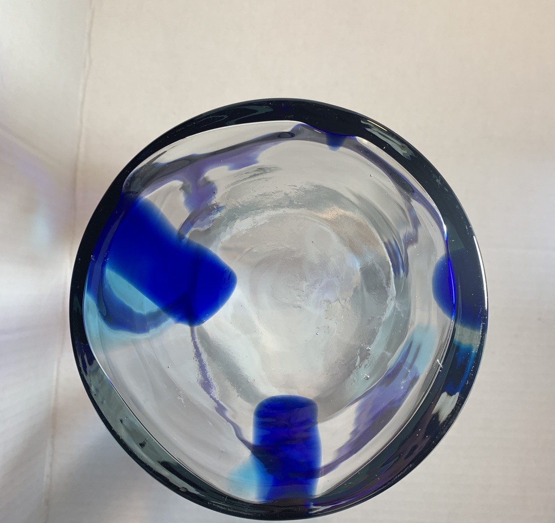 Hand Blown Mexican Glass Cylinder Vase 6″x14″, Clear w/Cobalt Blue Swirls