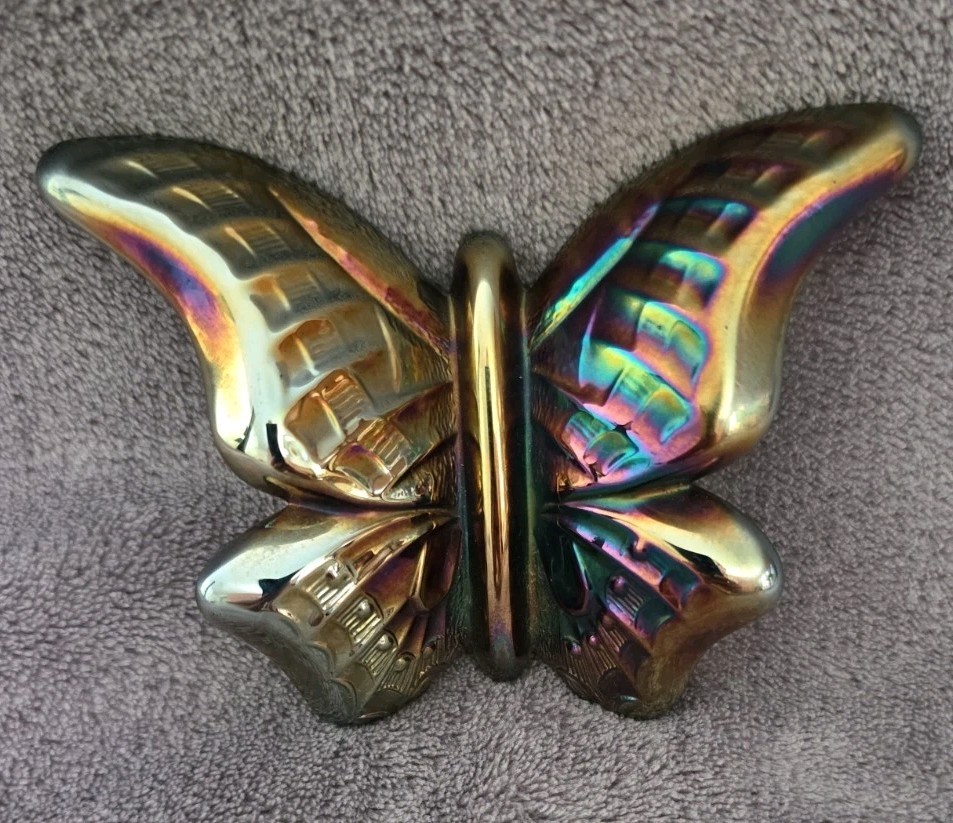 Fenton Glass Amethyst Rainbow Gold Carnival Butterfly Vintage 1970s with Label