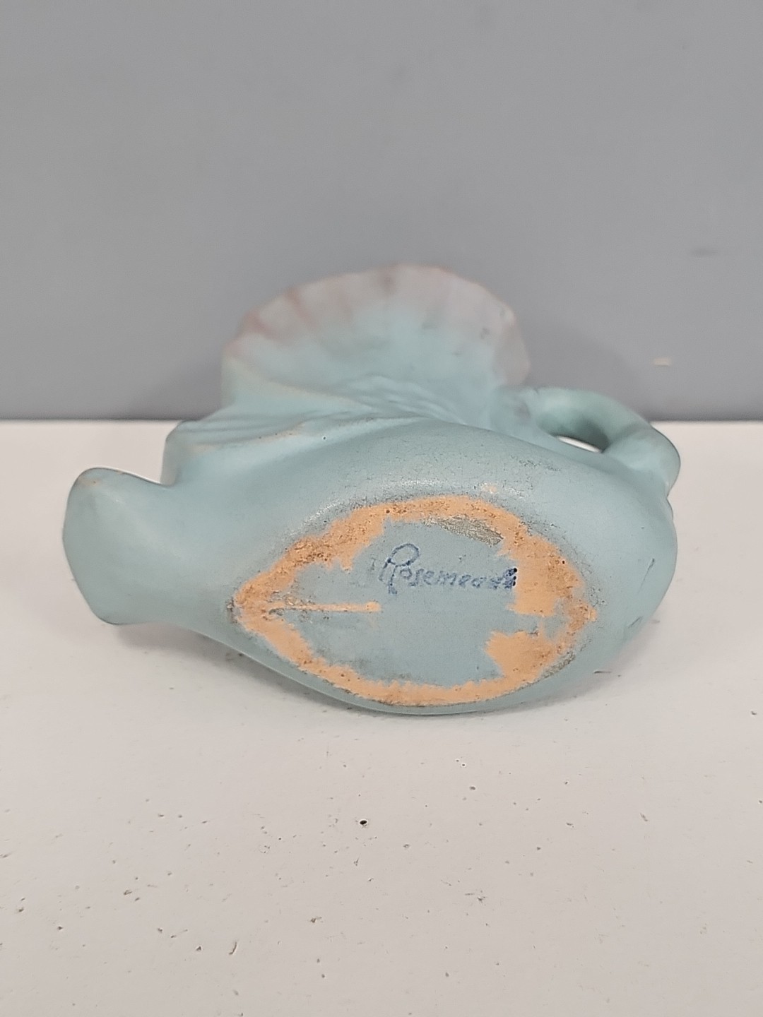 Rosemeade Pottery Swan Vase Vintage Blue Pink North Dakota 5 inches tall Stamped