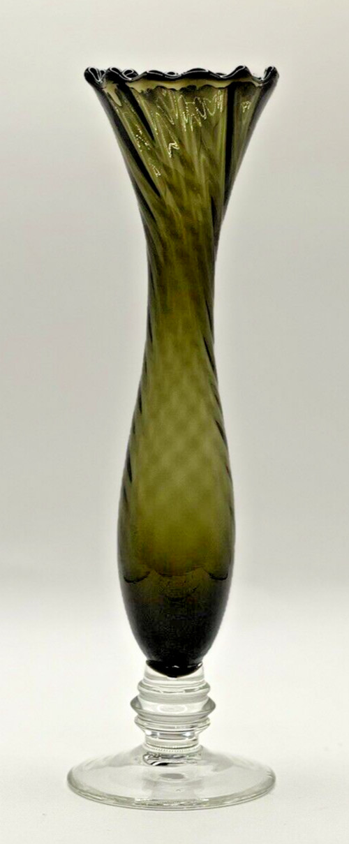 Mid-Century Smoky Olive Optic and Applied Clear Foot Flower Bud Vase Vintage