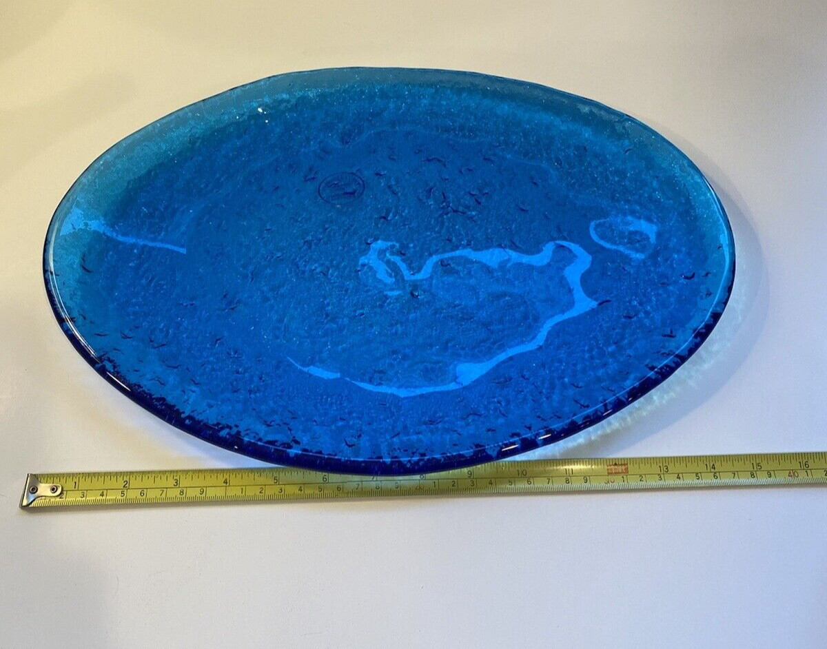 Murero Art Glass Aqua Turquoise Blue Oval Platter Plate Made In Italy 15 Inch