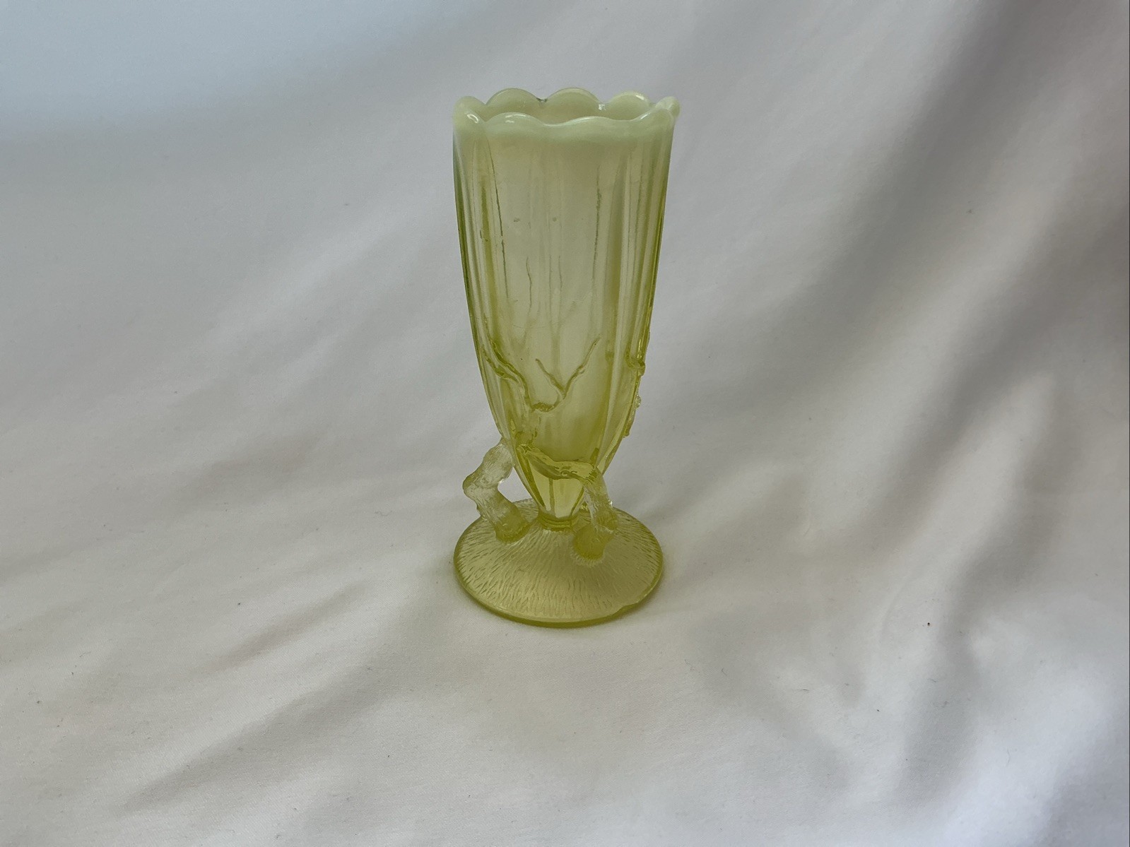 Dugan/ Northwood Canary Yellow Opalescent “Twig” Vaseline Glass Bud Vase