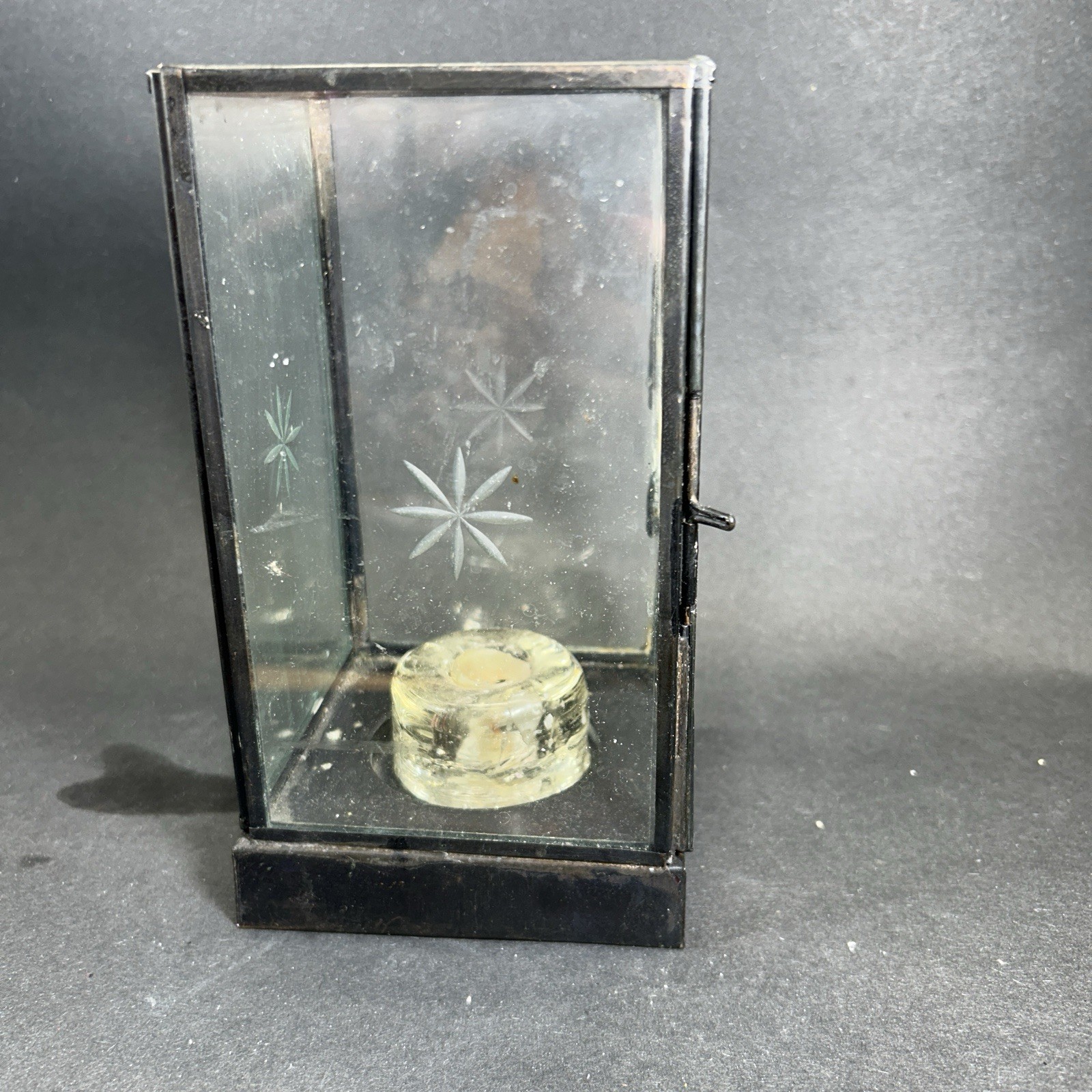 Vtg Etched Glass Candle Box With Scandinavian Glass Candle Holder & Hinged Door