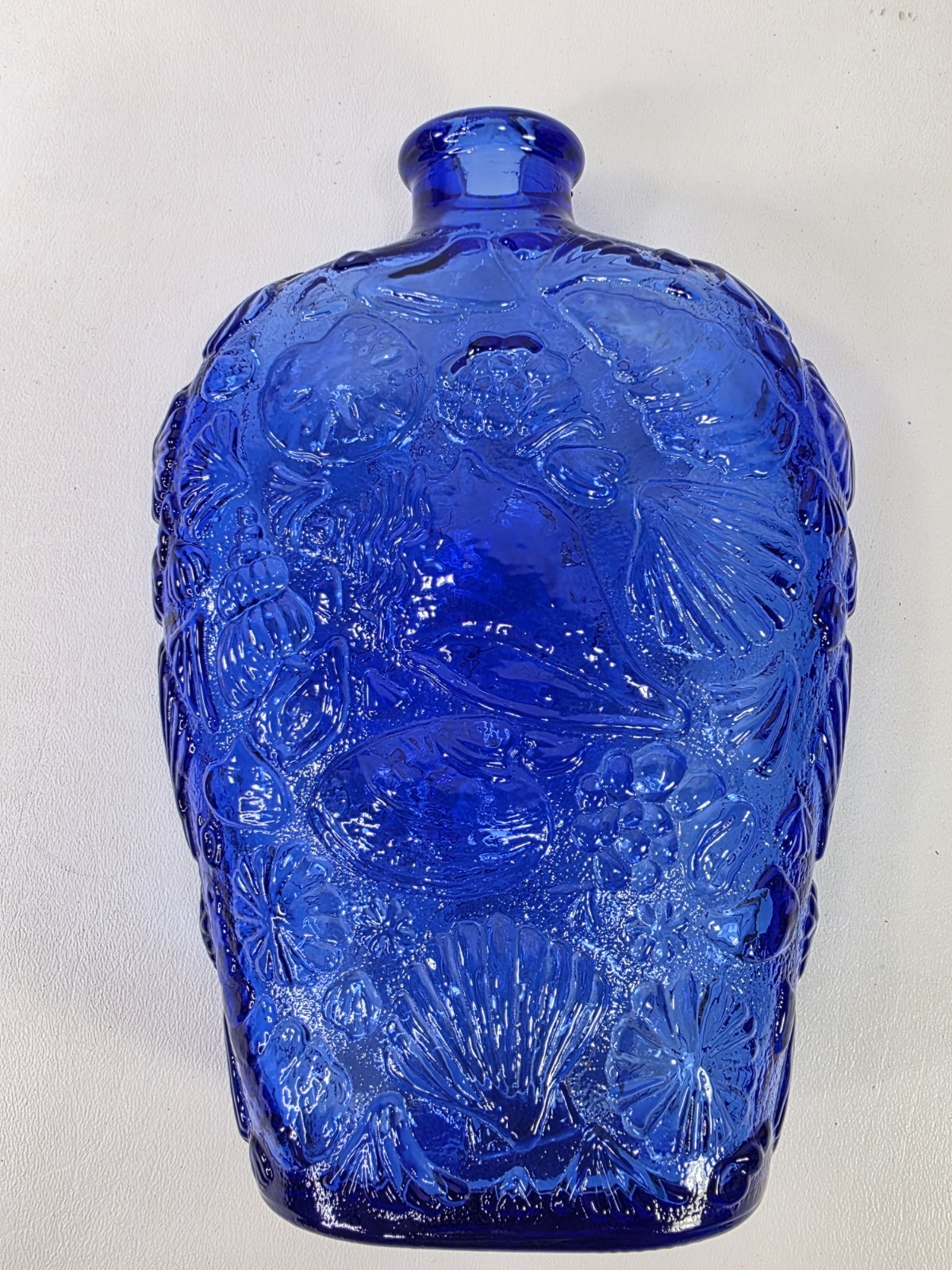Libby Cobalt Blue Glass Bottle Decanter Sea Shell Pattern 8.5”