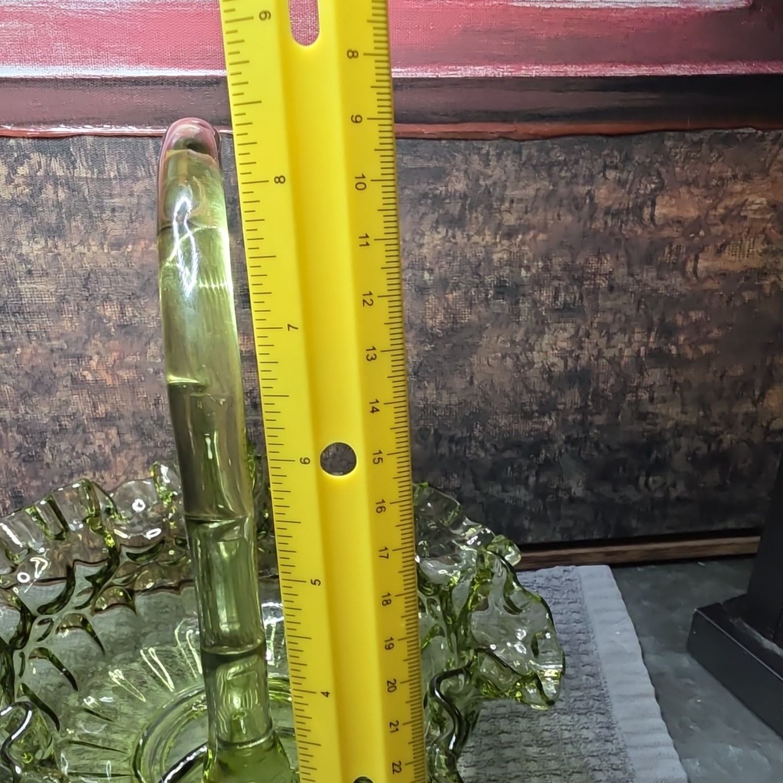 Green Glass Decorative Basket with Handle Ruffled Edge Approx 10″ Tall 8″ Wide