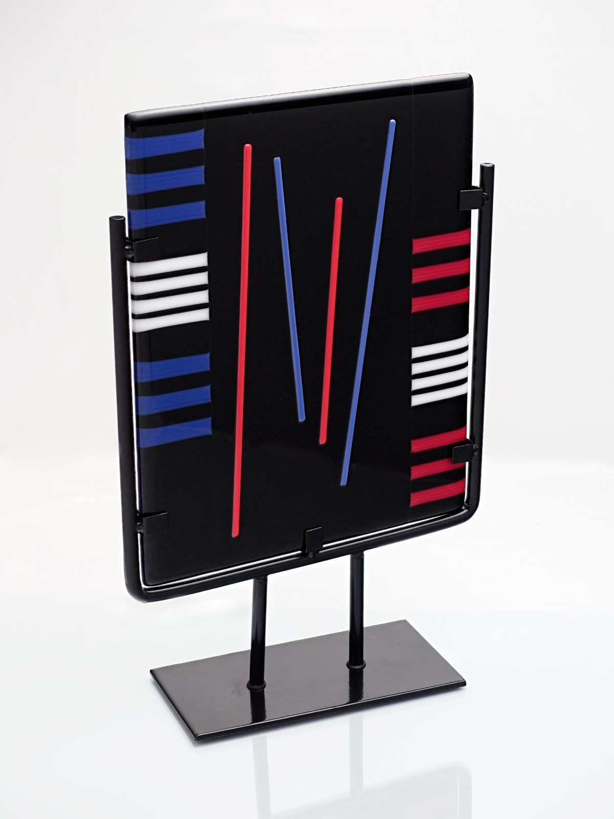 Contemporary Fused Glass Sculpture 10” x 11” Geometric Abstract on Steel Stand