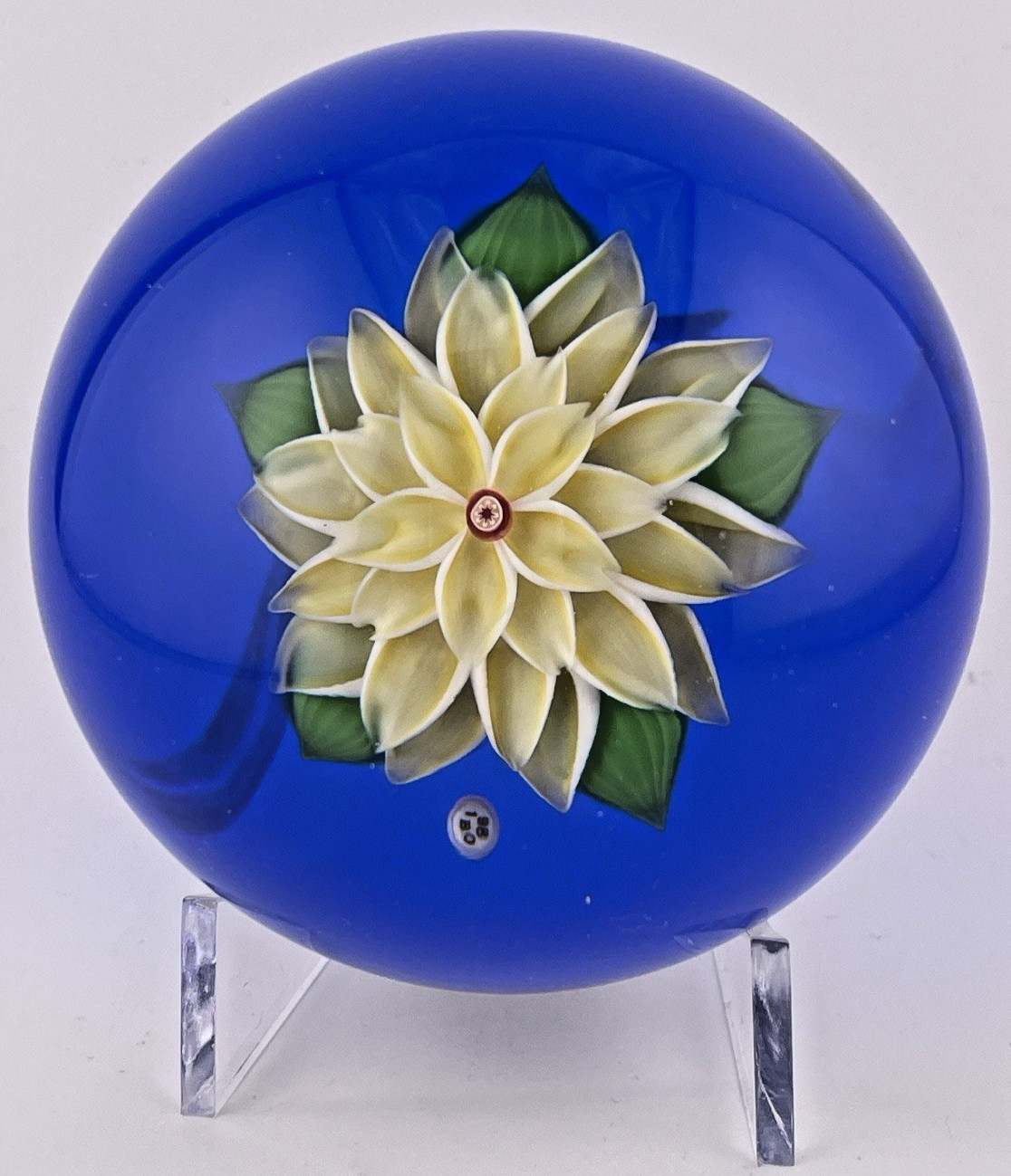 Baccarat Vintage 1980 L.E. 75 Yellow Dahlia On Blue Glass Paperweight 3.2″