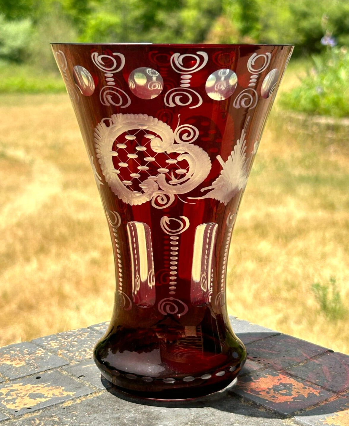VERY GOOD! Vintage 7″ BOHEMIAN RUBY CUT TO CLEAR TRUMPET VASE