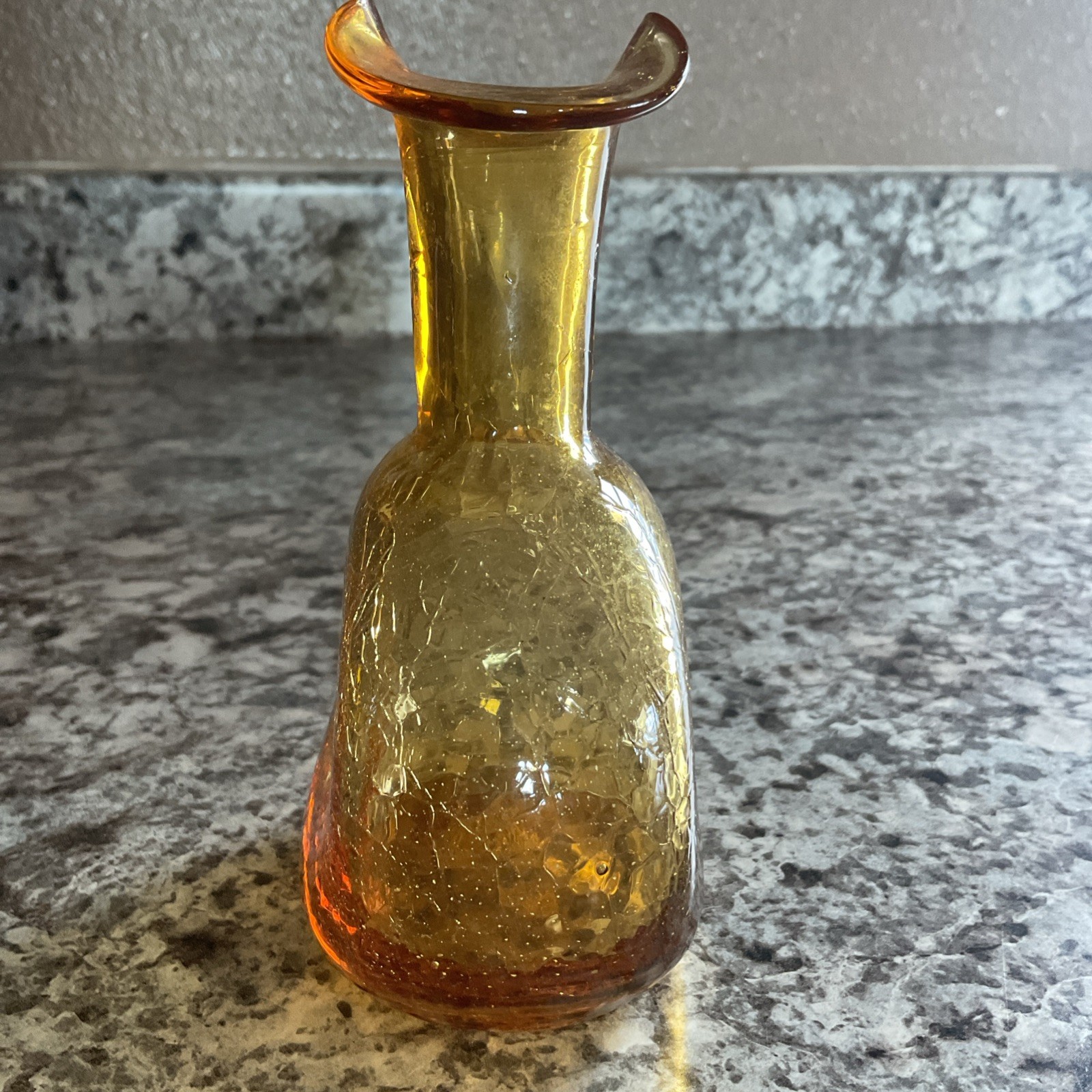 Hand Blown Amber Crackle Glass Vase Fluted Opening