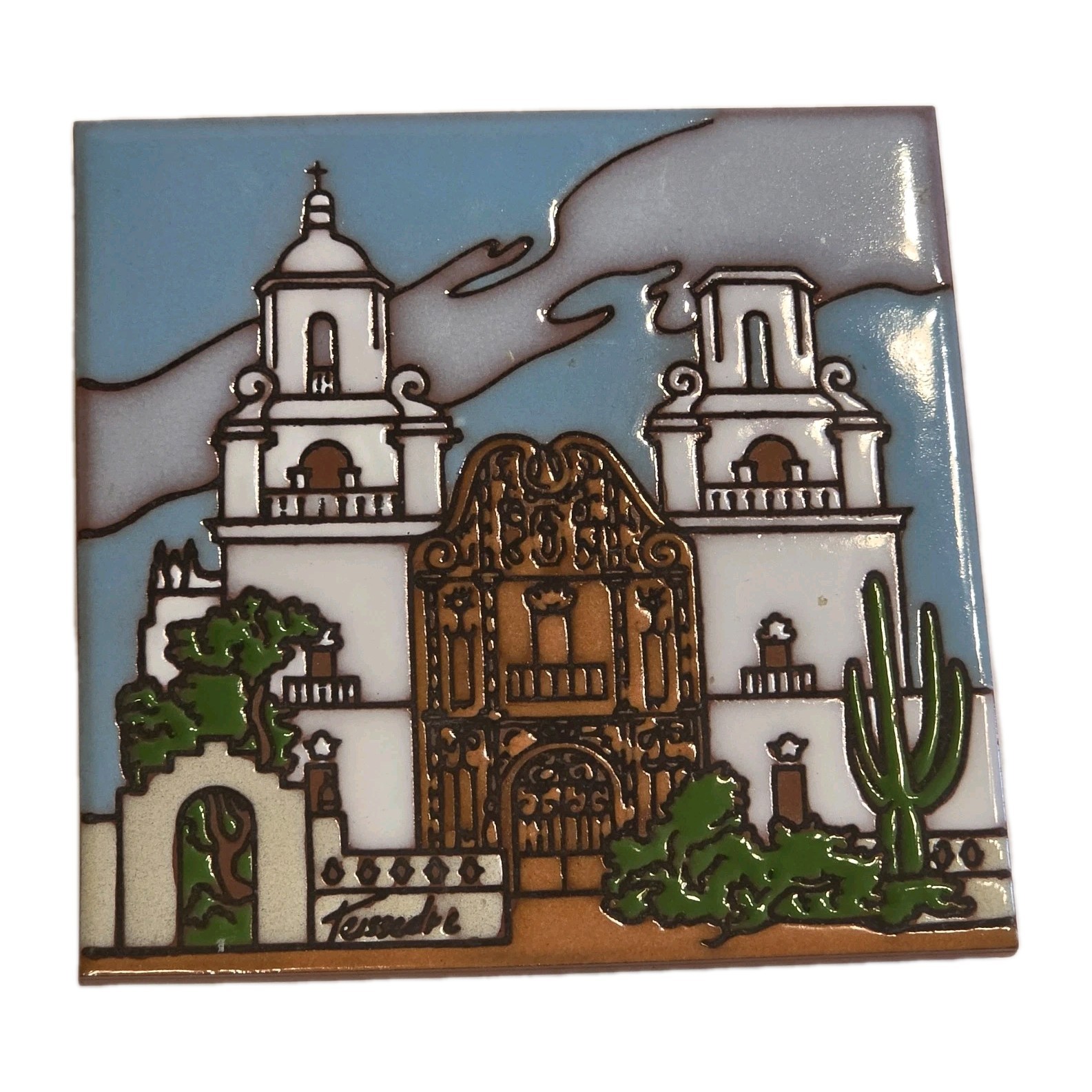 Cleo Teissedre 6×6 San Xavier Del Bac Mission Art Pottery Tile Hand Painted AZ
