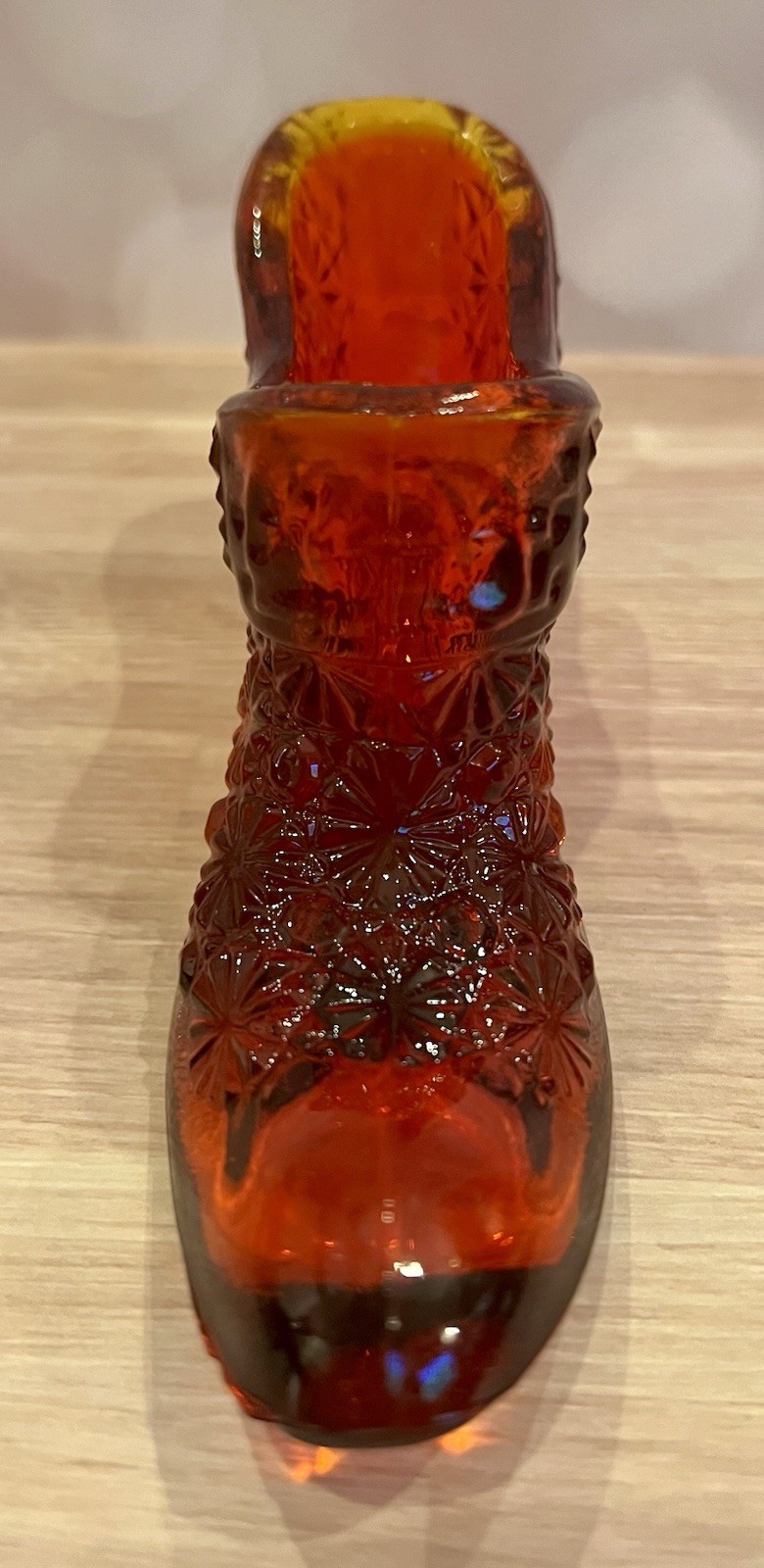 VTG L.E. Smith Amberina Glass Shoe Daisy/Button Pattern UV Cadmium Glow
