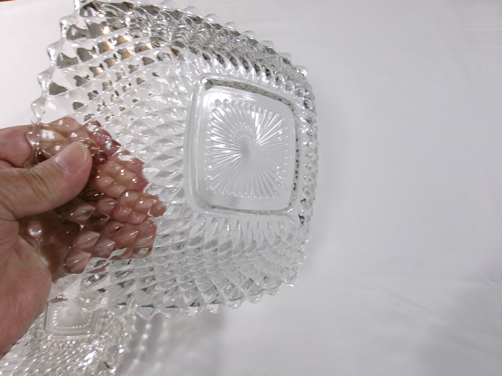 Set Of 3 Vintage Indiana Glass Square Ruffled Diamond Point 2-6 1/4″ & 1-8″