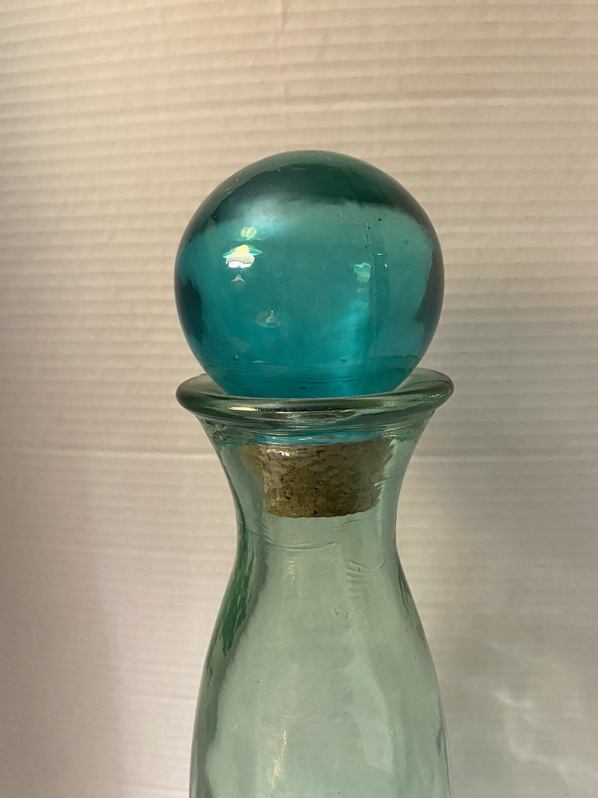 Vintage Green Glass Decanter Bottle with Round Cork Stopper Made In Spain 22.5”T