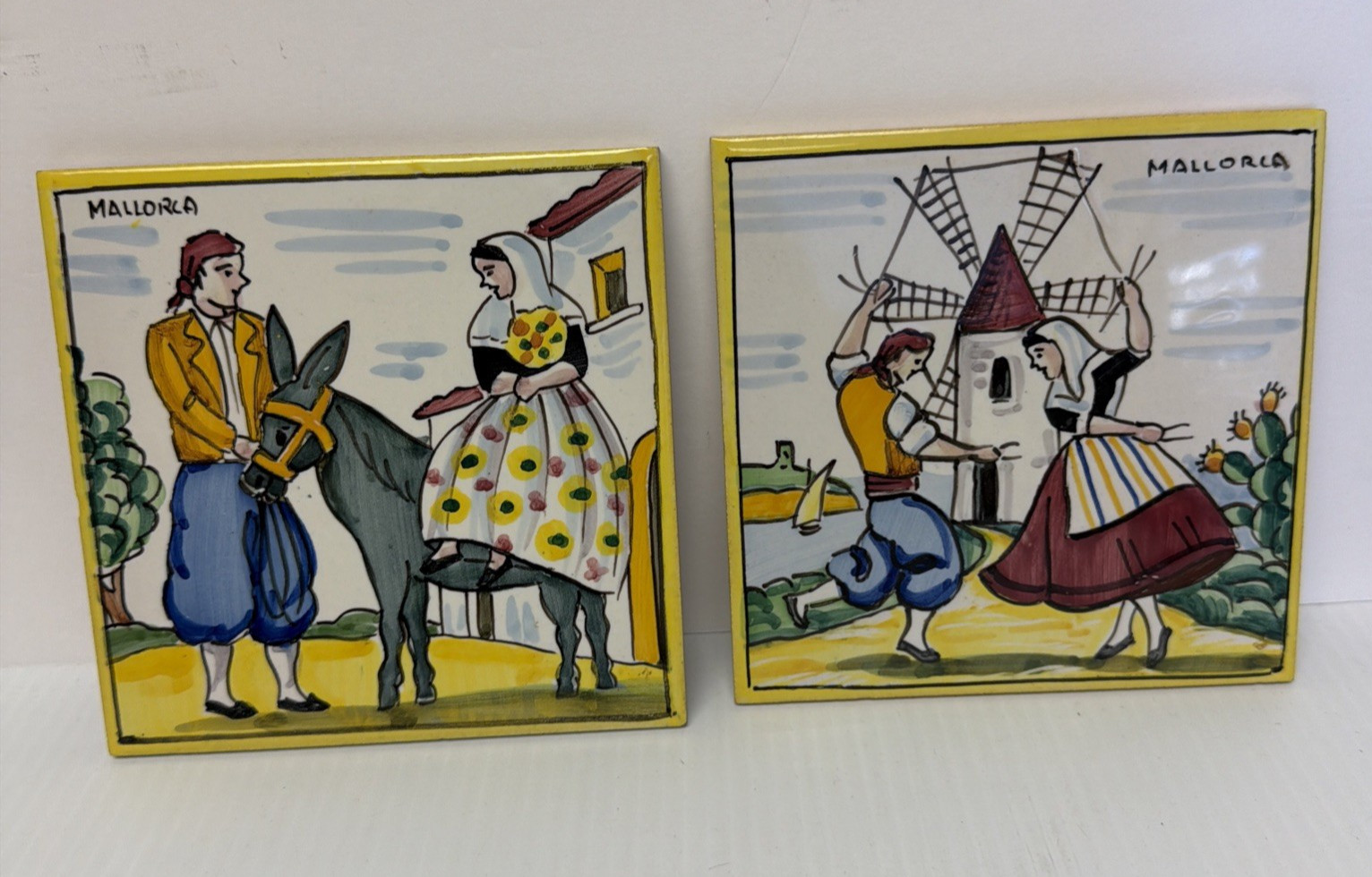 Pair of Vintage Mallorca Spain Hand-Painted Spanish Ceramic Tiles Trivet 6×6