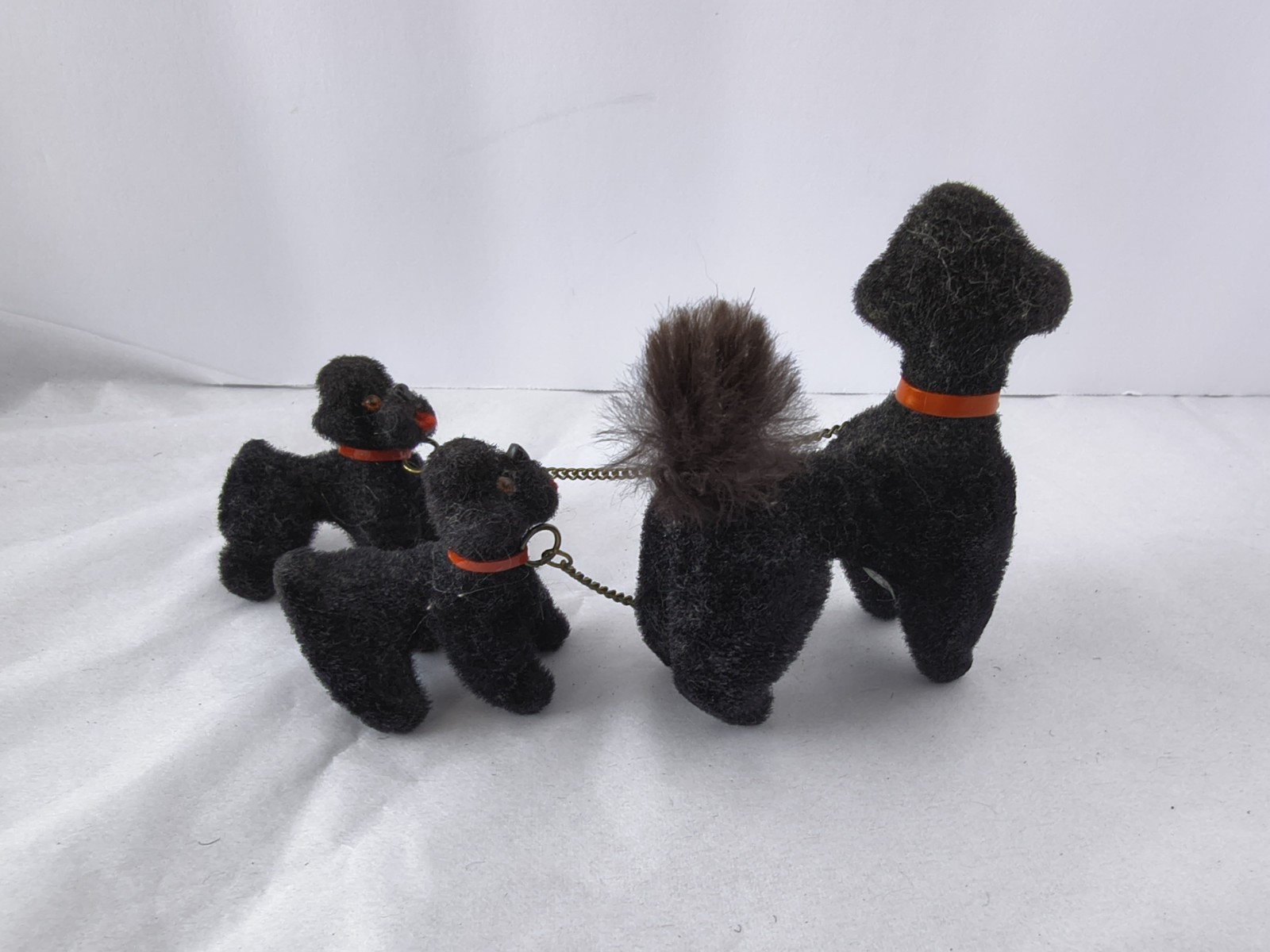Vintage Set Of Three Max Carl Flocked Black Poodle Dogs Family West Germany