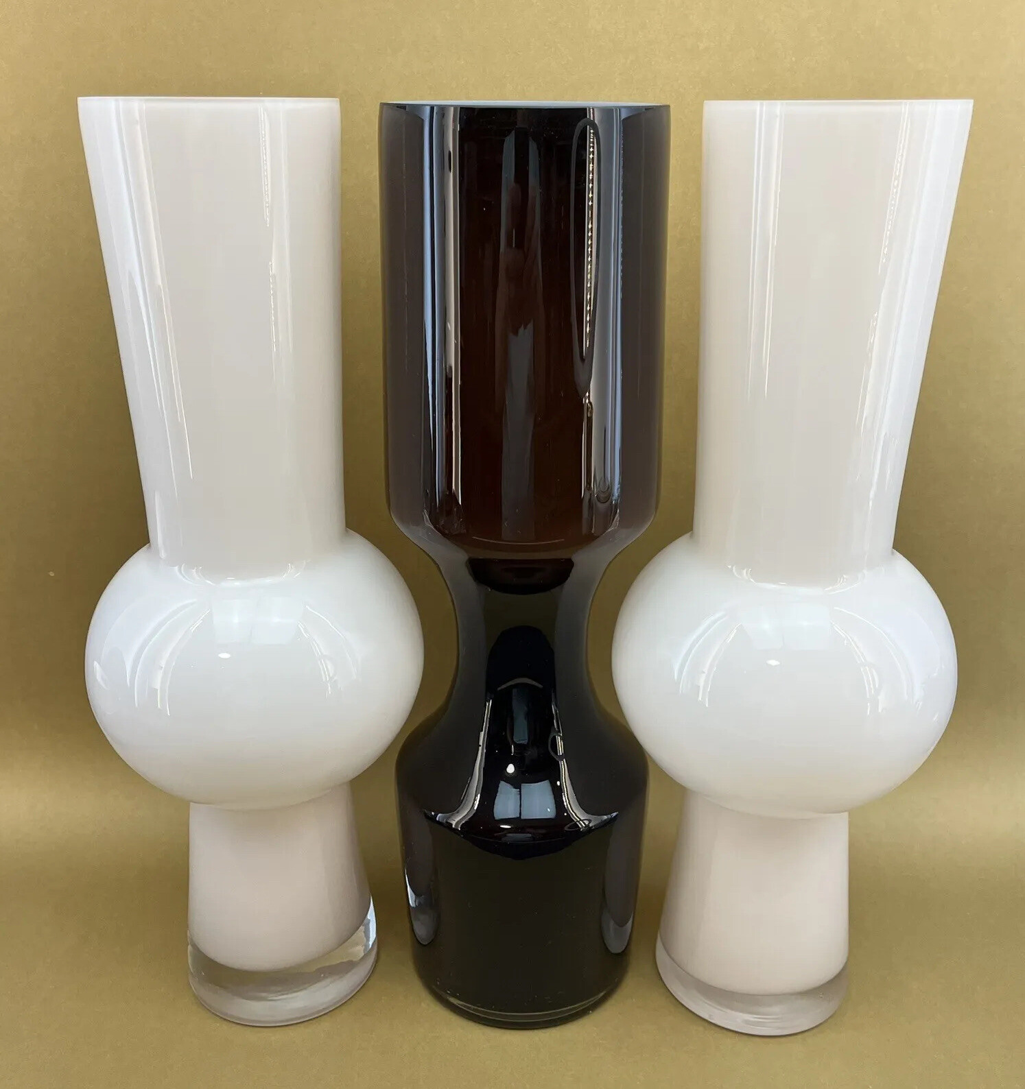 ONE White Modernist 14” Cased Glass Vase Danish Modern Scandinavian Style Hooped