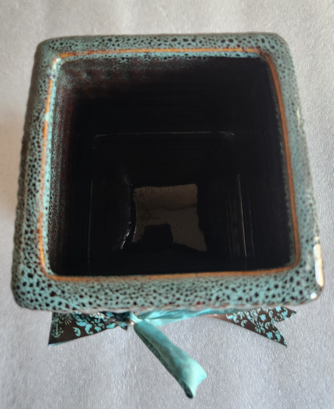 Square Ceramic Planter or Vase • Textured Aqua Blue & Brown Glaze • 4½”×4¾”×4¾”