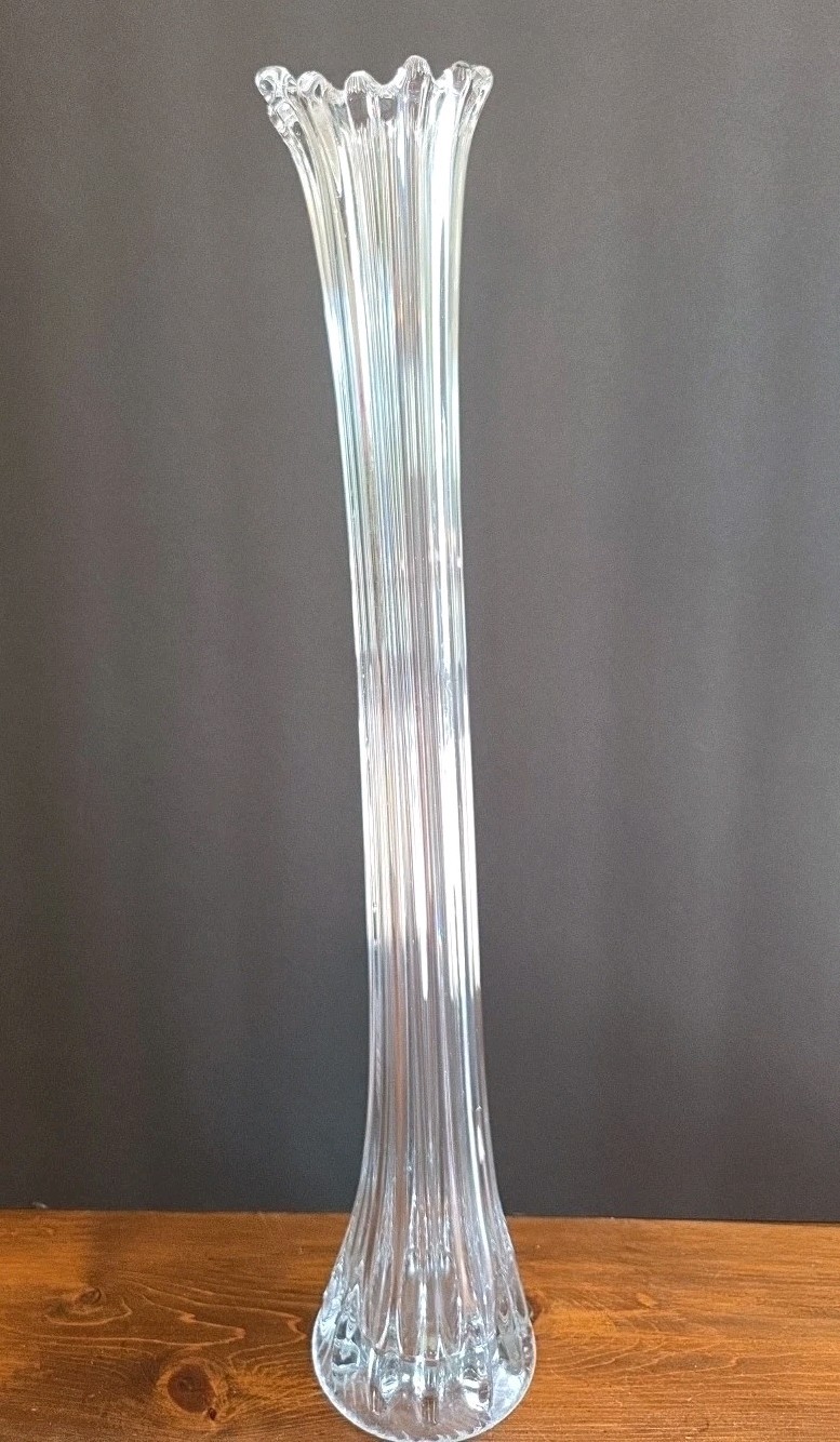 Vintage Stretch Swung Vase Clear Glass Thick Defined Ribbed Base – 22.5″ Tall