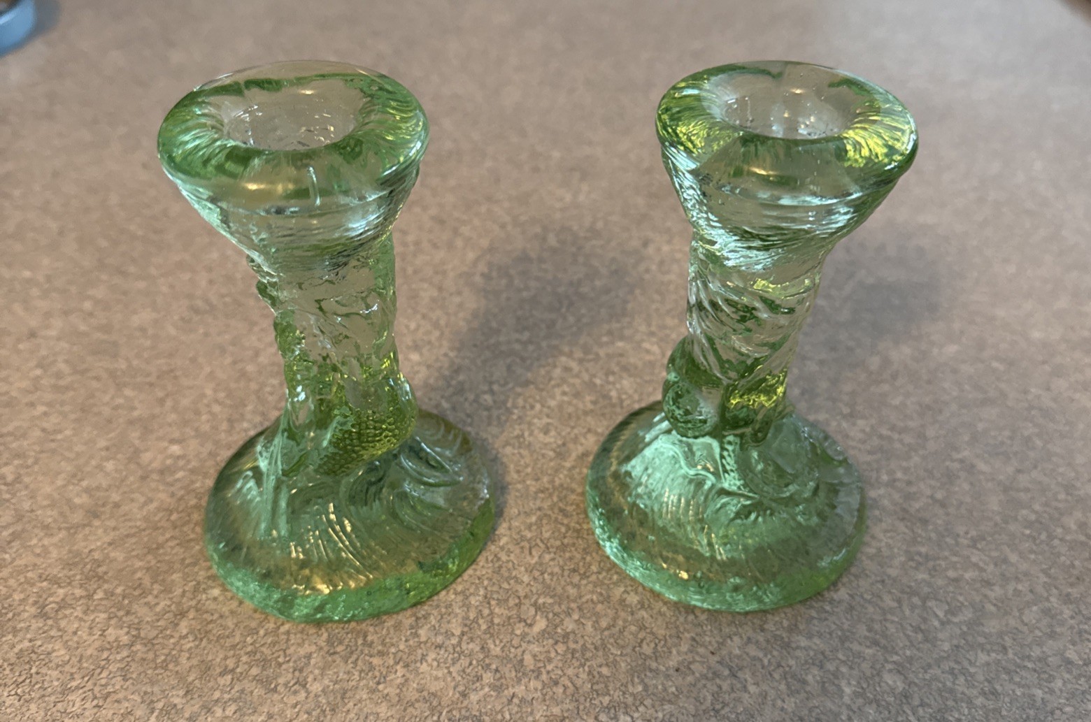 Fire & Light Celery Mermaid Candle Holders Signed Recycled Glass Pair