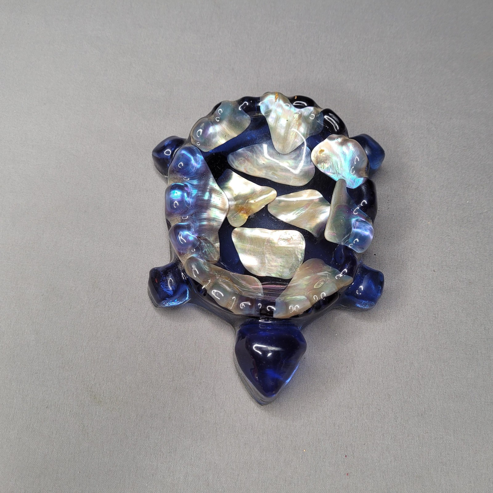 Art Glass Turtle Figurine Blue Fused Glass Iridescent Shell Jewelry Change Dish