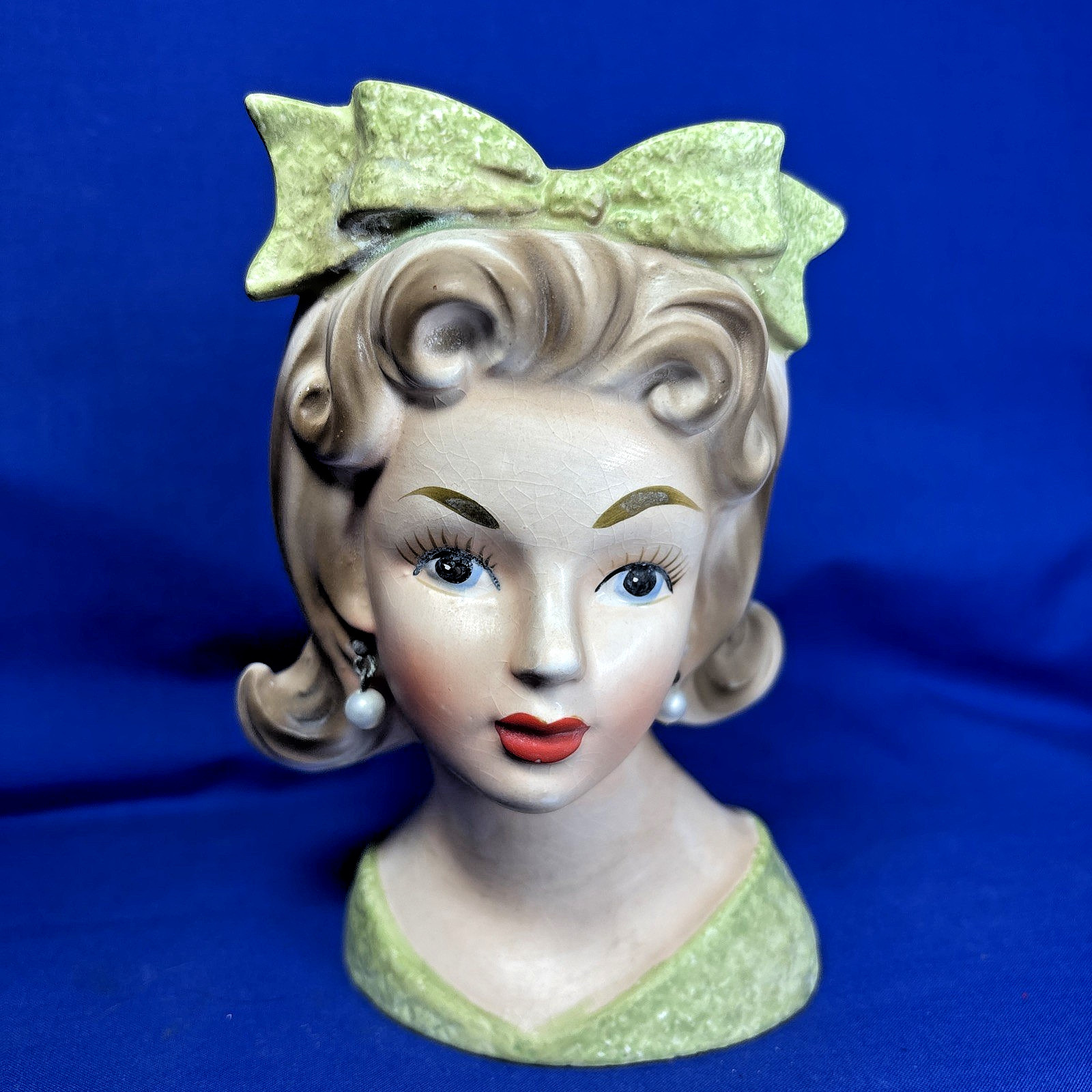 1950 Vintage Relpo K1696 Lady Head Vase Green Bow Pearl Earrings