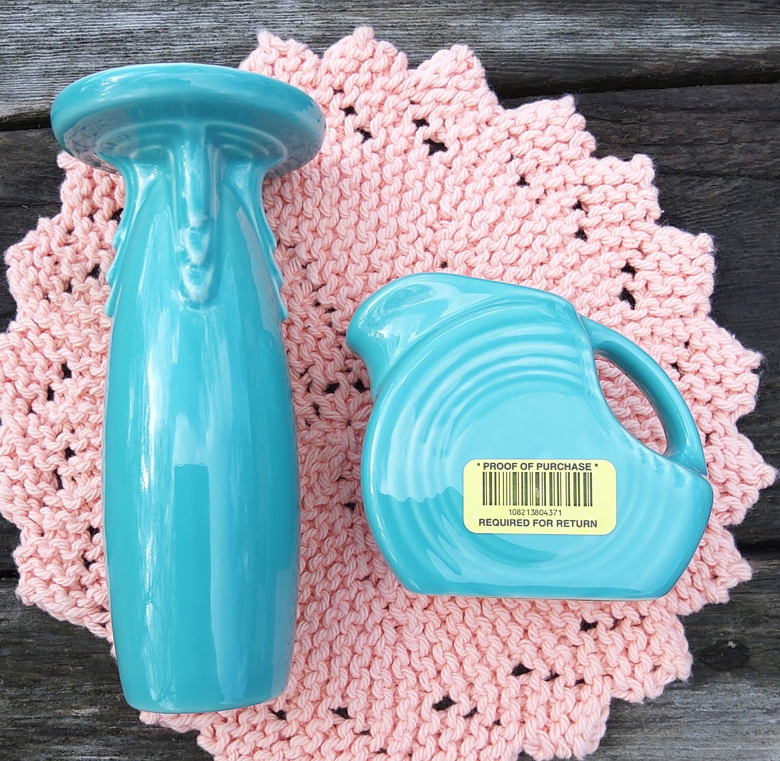 Fiestaware Turquoise Bud Vase & Mini Disk Pitcher, Never Used Fiesta
