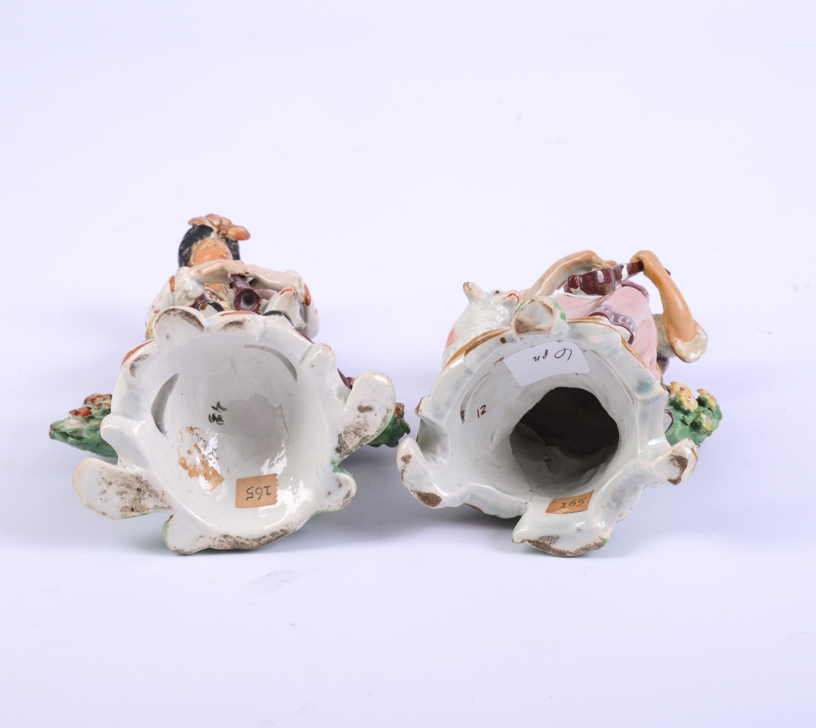 Pair ANTIQUE 19thC Staffordshire Walton Pearlware Bocage Couple Music Animals