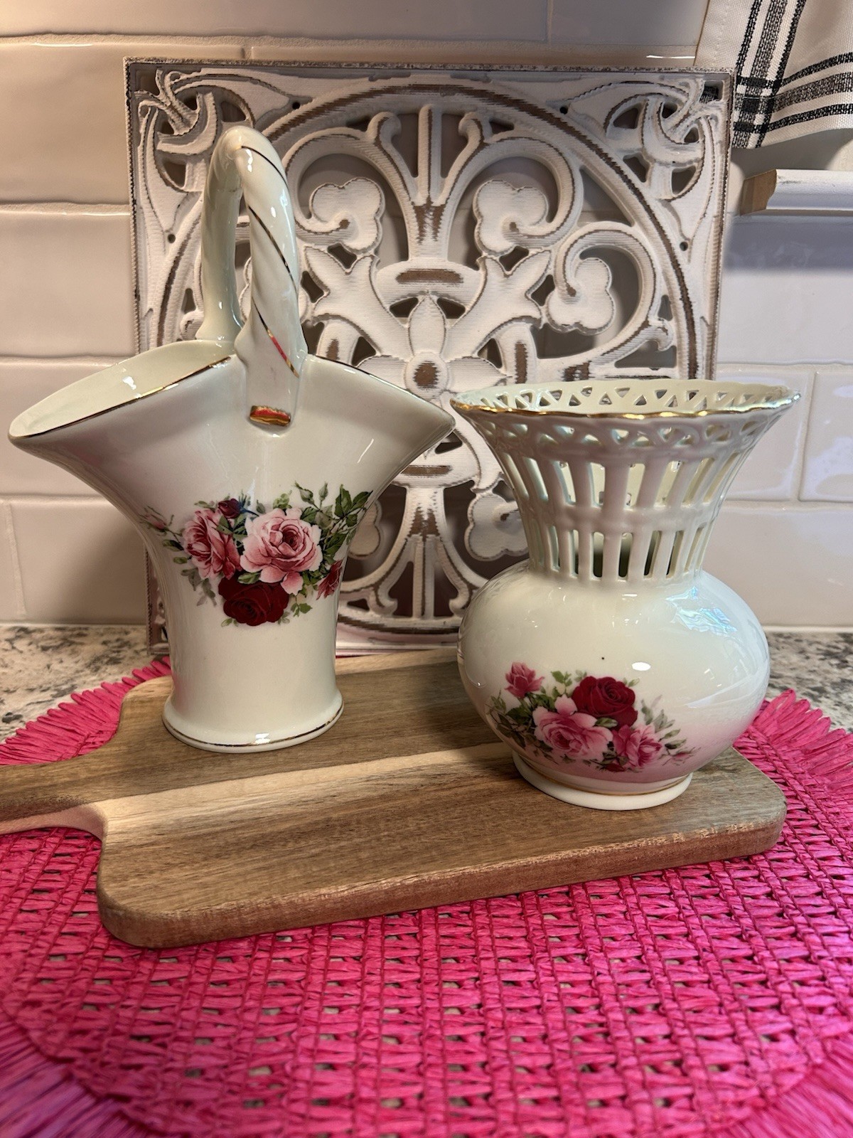 Set of 2 Vintage Vases, Formalities by Baum Bros Victorian Rose Pattern