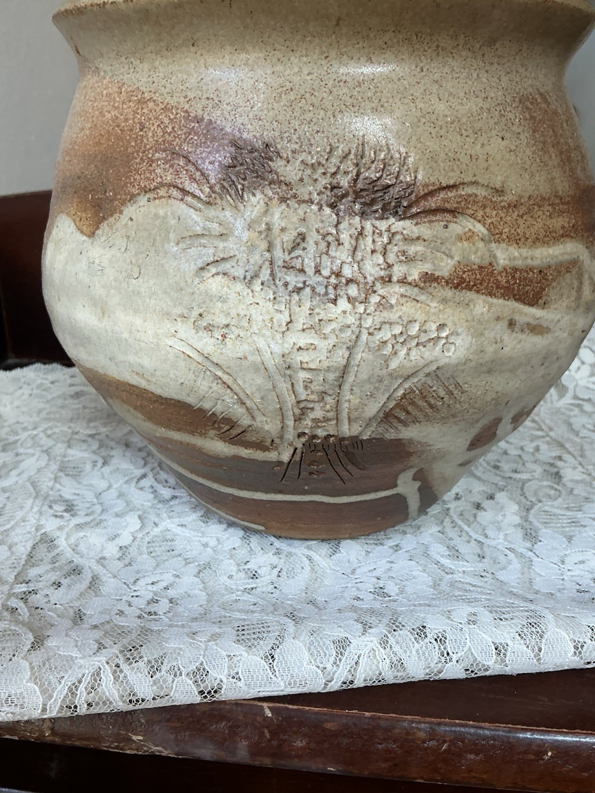 Vtg 1970s Studio Pottery Planter Earth tones Signed Numbered Stoneware Cachepot