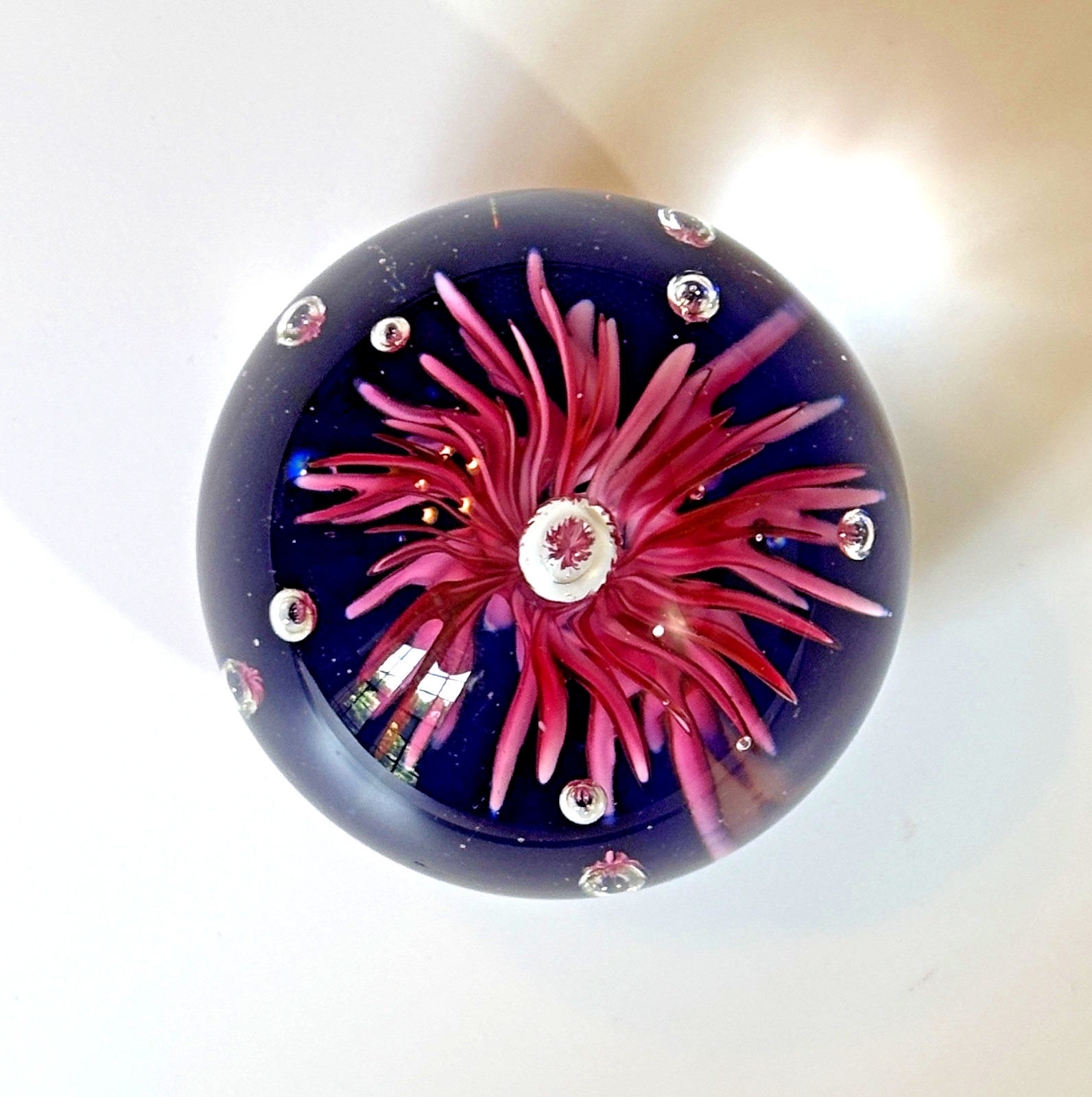 Dynasty Gallery Art Glass Paperweight Blue Pink Flower Bullicante Bubbles 2.25″