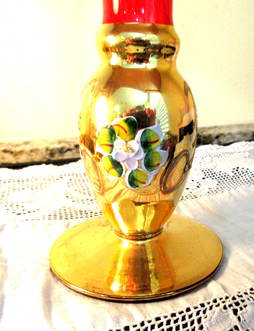 Murano Red Glass Vase Gold Overlay Ceramic Floral 10″ Vase Italy