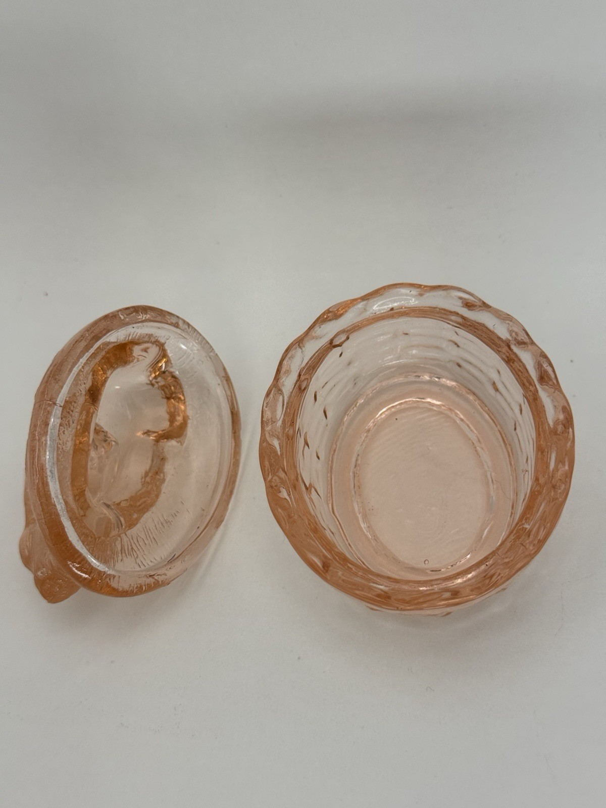 Vintage Bunny Rabbit On Nest Mini Pink Glass Trinket Dish Salt Cellar