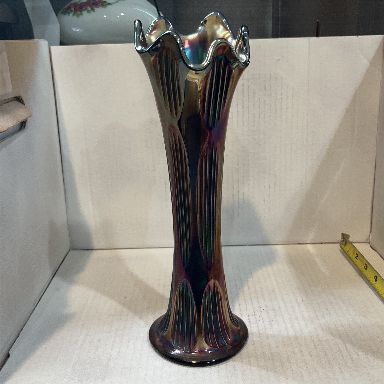 Vintage Fenton Diamond & Rib Cobalt Blue Carnival Glass Swung Vase Apprx 10 3/4”