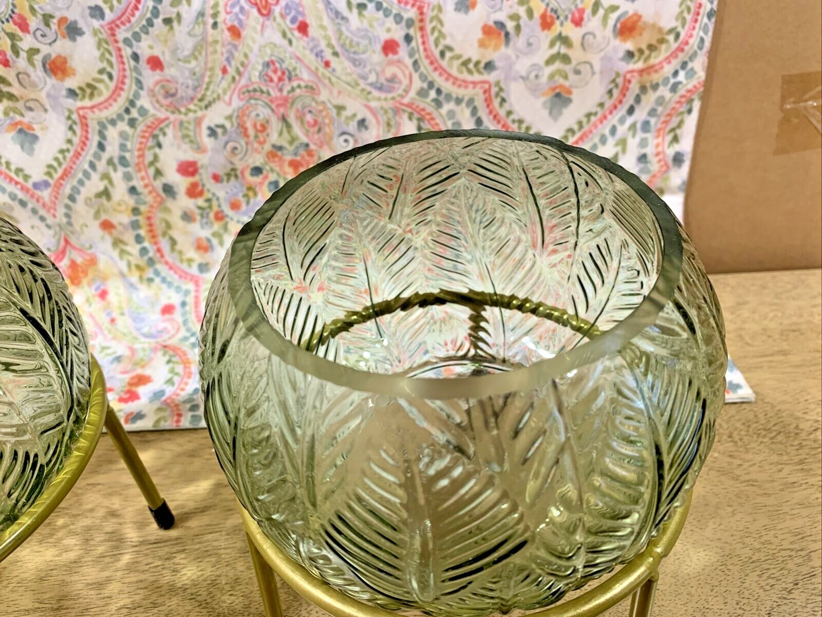 2 Piece Green Glass Hurricane Vases Free Stand Bowl Decorative Centerpiece Great