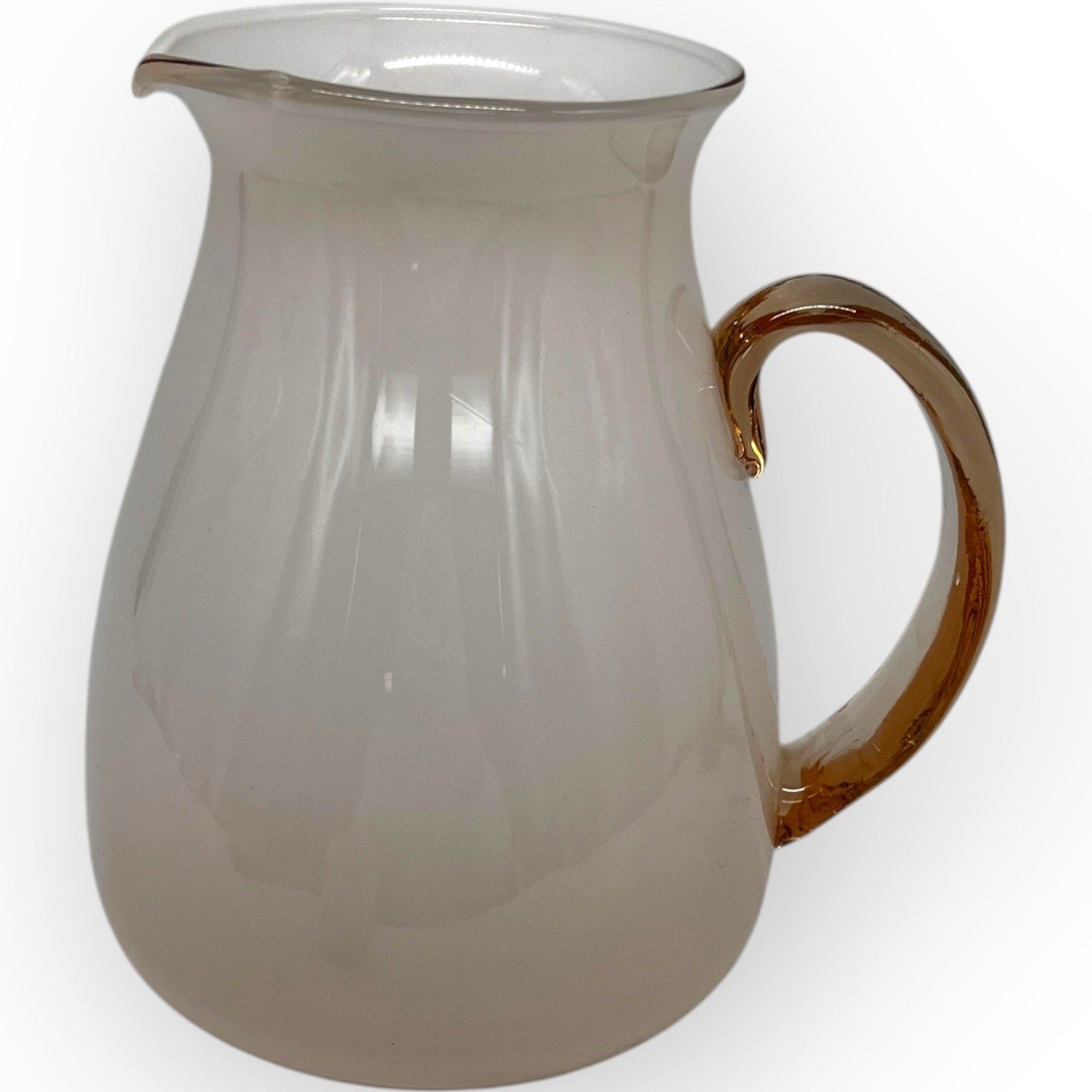 Vintage Pink Art Blown Glass Opaline Pitcher Vase 6.75” White Interior Cottage