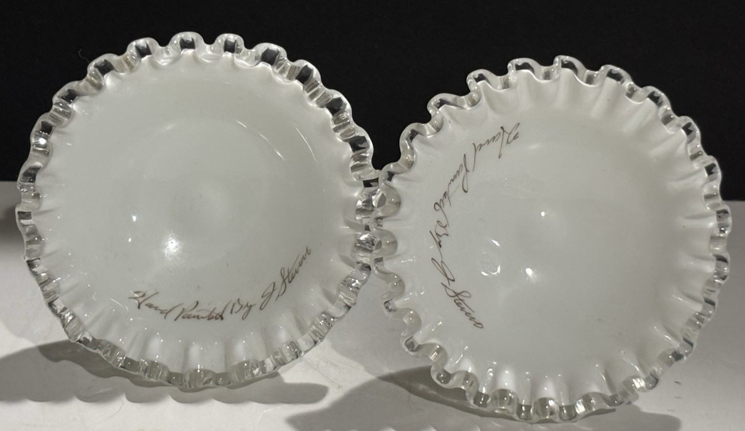 Fenton Milk Glass Handpainted Violets on Snow Candle Stick Holders -signed