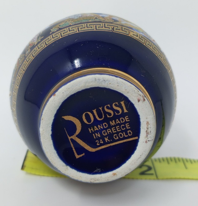 A. Roussi White and Blue Ceramic Vase Urn w/ 24k Gold Leaf Hand-Made In Greece
