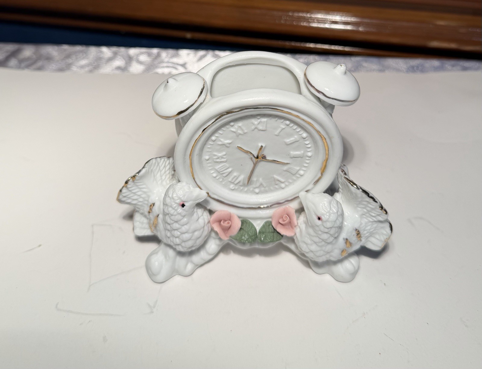 Vintage Ceramic Clock Planter Featuring Twin Doves Pink Roses Gold Trim China