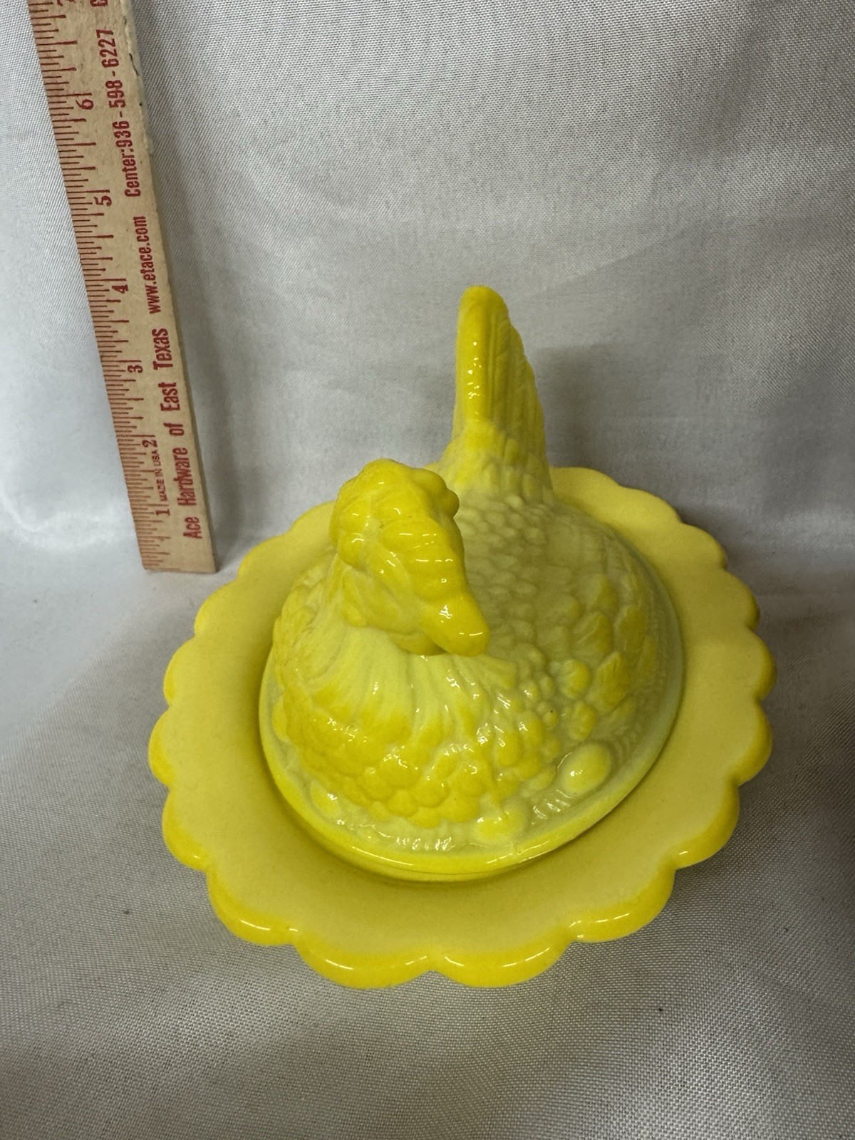 Mosser 6″ Dandelion Hen On Nest Dish Split Tail GLOWS!