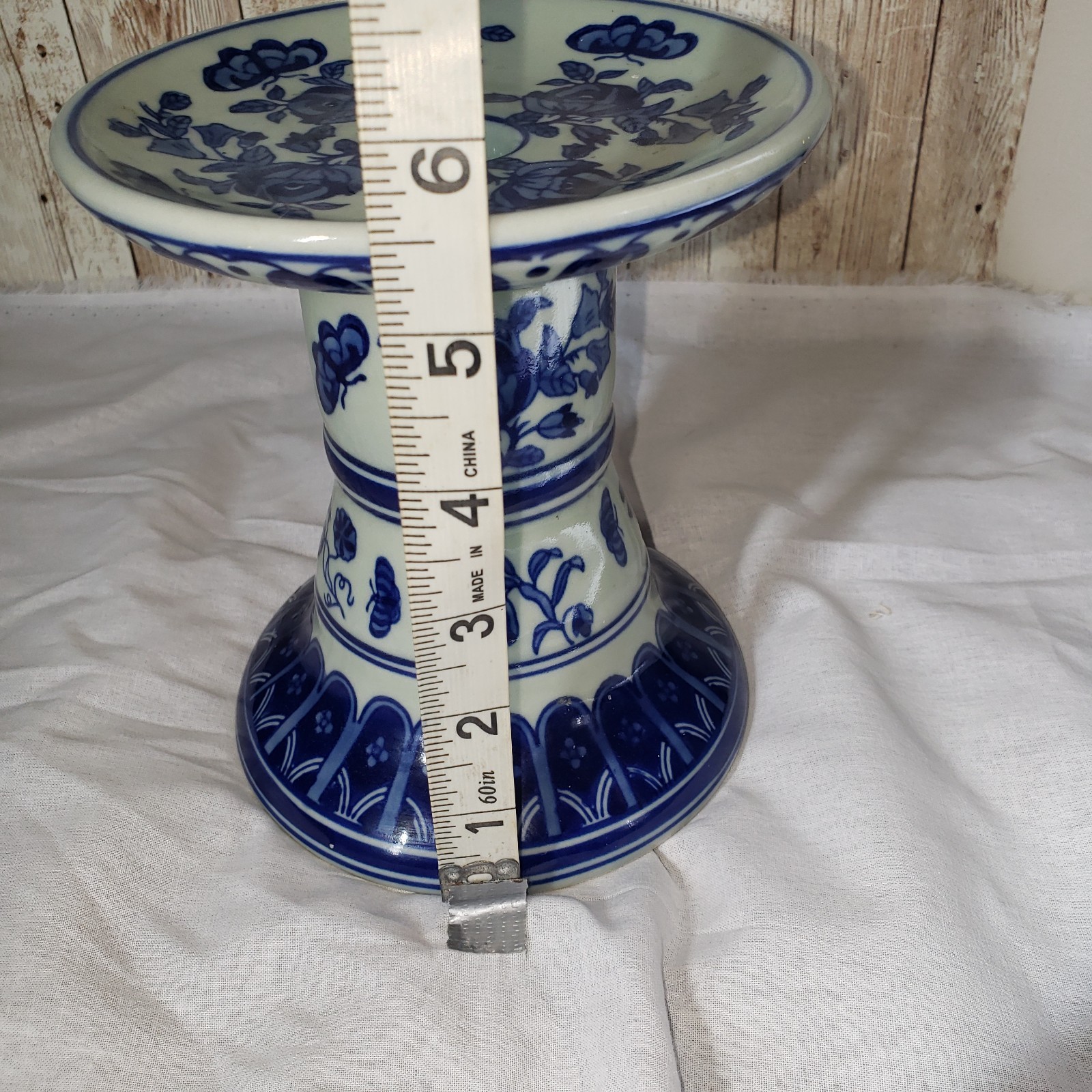 Ceramic candleholder floral, blue & “Light Mint” Chinoiserie style, Rare Color