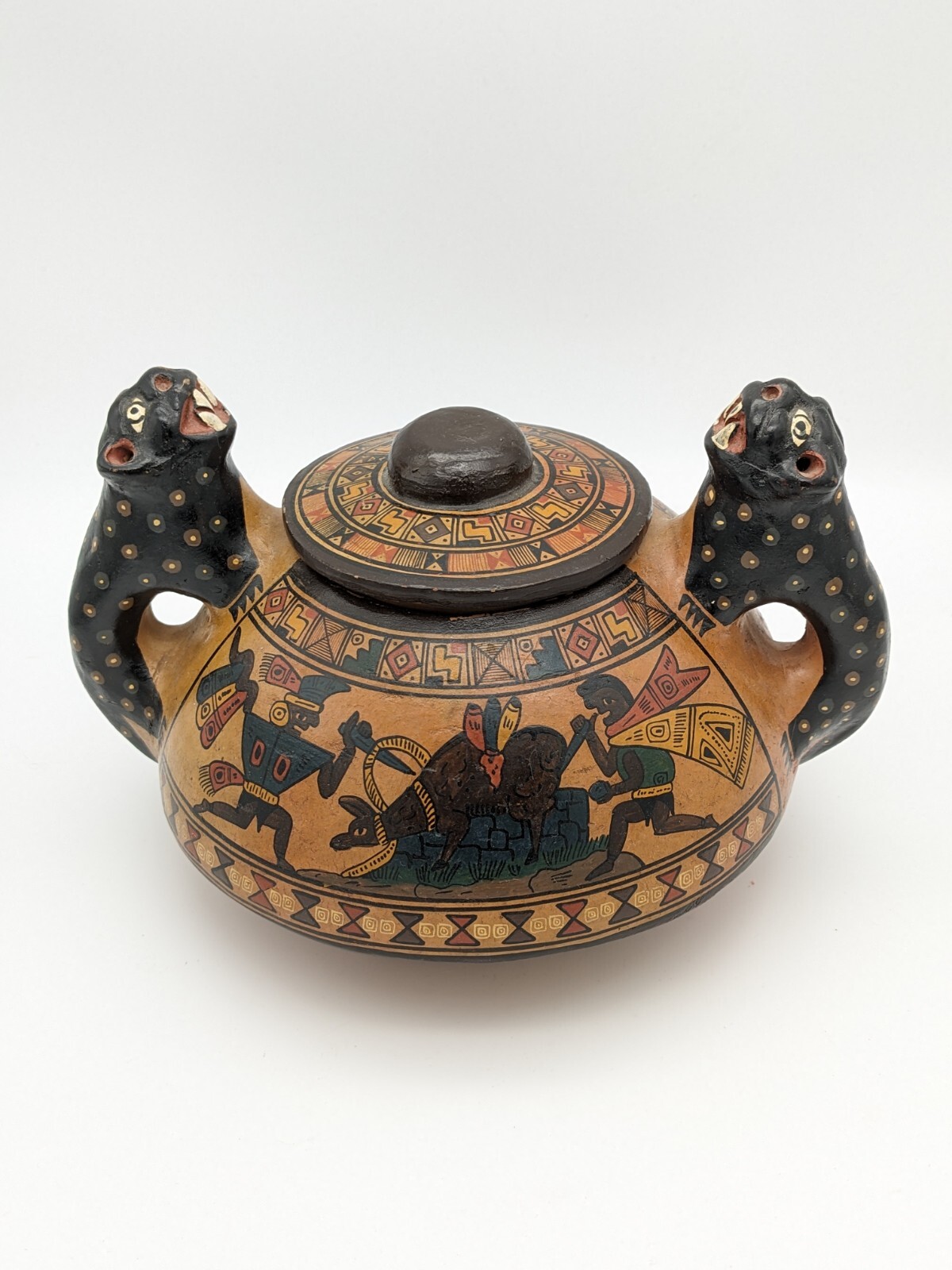 Vtg Cusco Peru Handpainted Warrior Art Pottery Pot with Lid Animal Handles