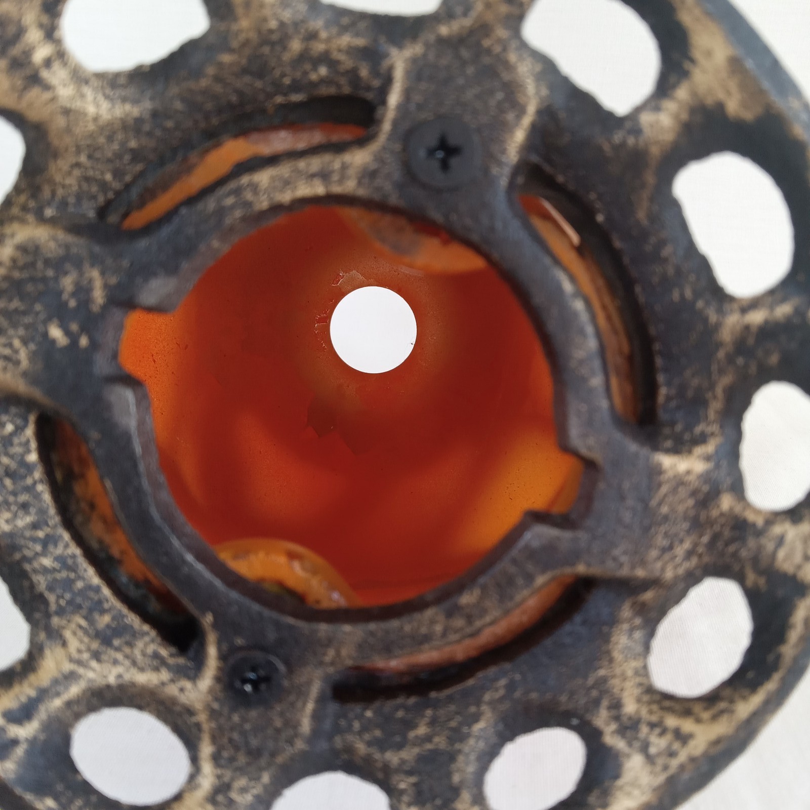 Vintage Caged Amber Orange Glass Urn RARE Hummingbird & Floral Metal Overlay