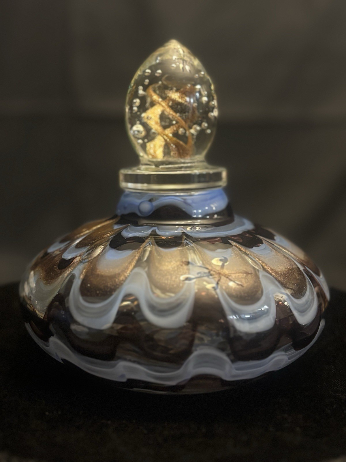 Dale Tiffany Favrile hand-blown art glass bottle featuring copper foil accents