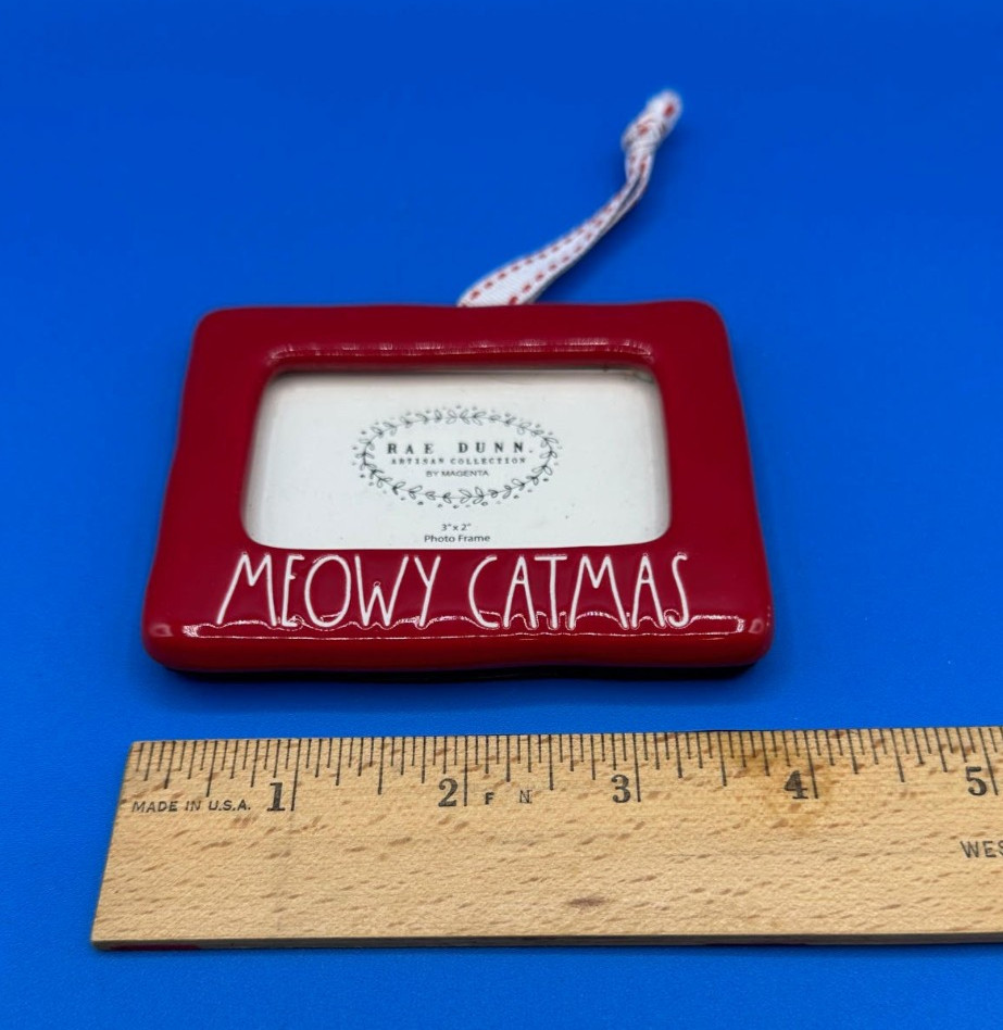 Rae Dunn Meowy Catmas 3″ x 2″ frame red ornament white letter artisan collection