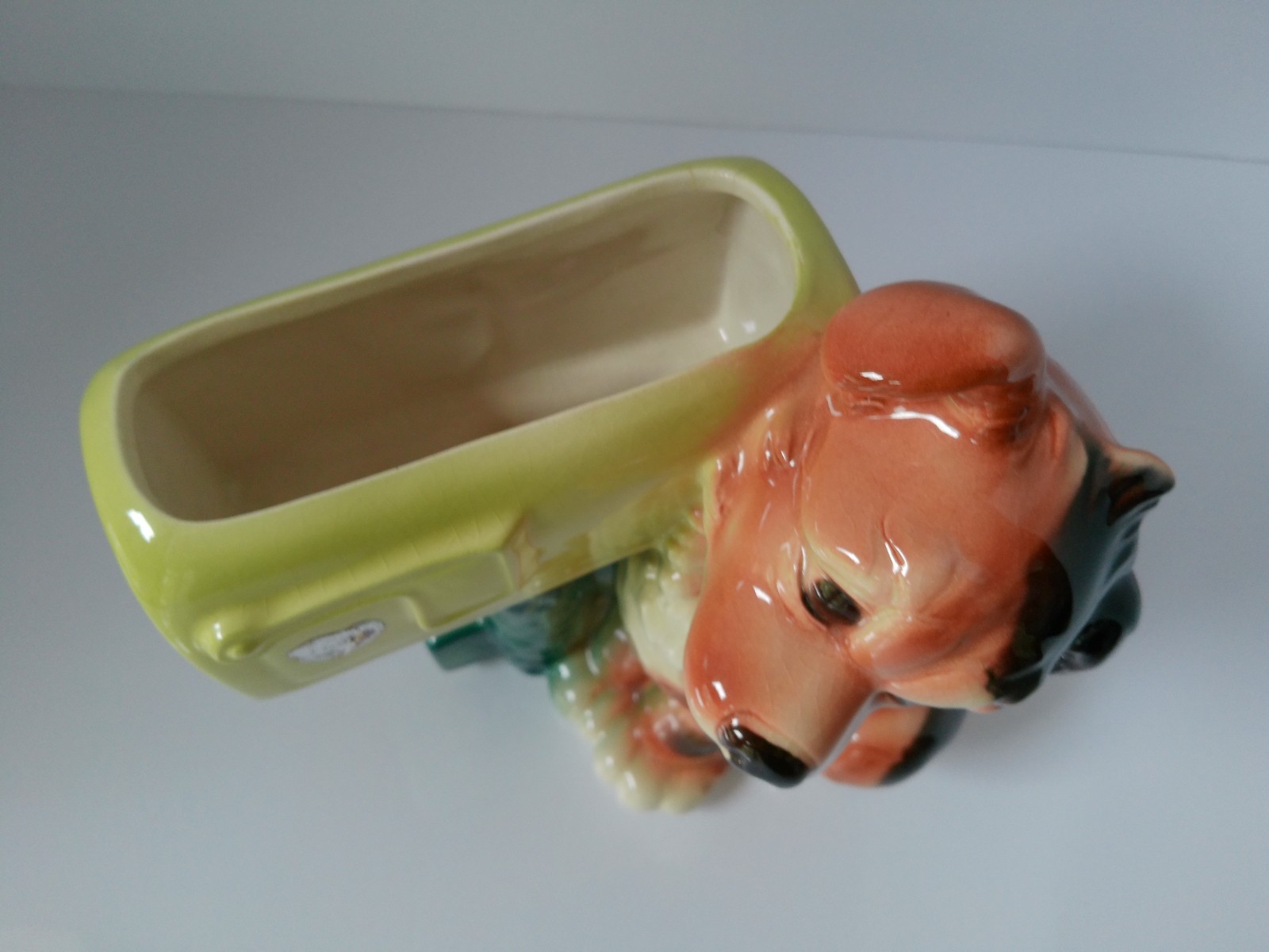 Vintage 1950’s Royal Copley Puppy DOG At Mailbox Flower Succulent Planter 8″