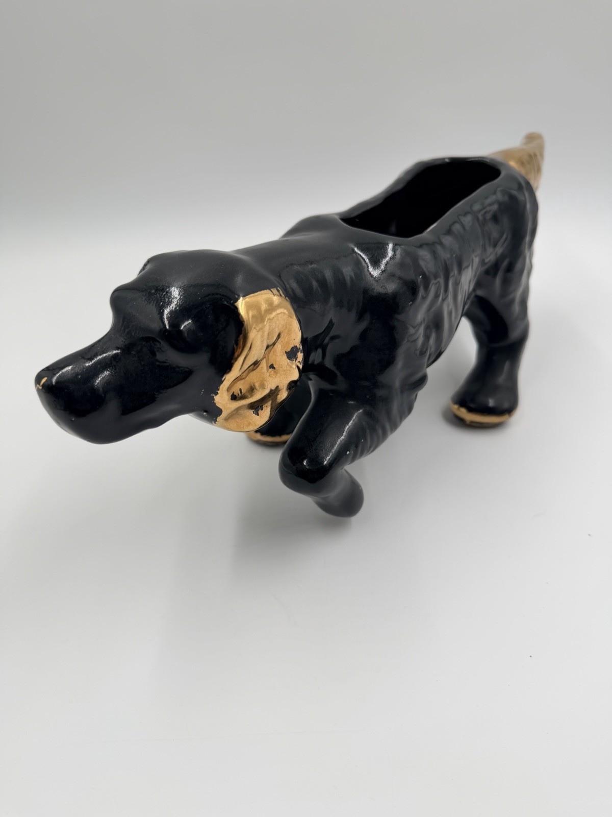 VTG MCM Hunting Dog Pointer/Irish-Setter Glossy Black Gold Trim Planter 17”