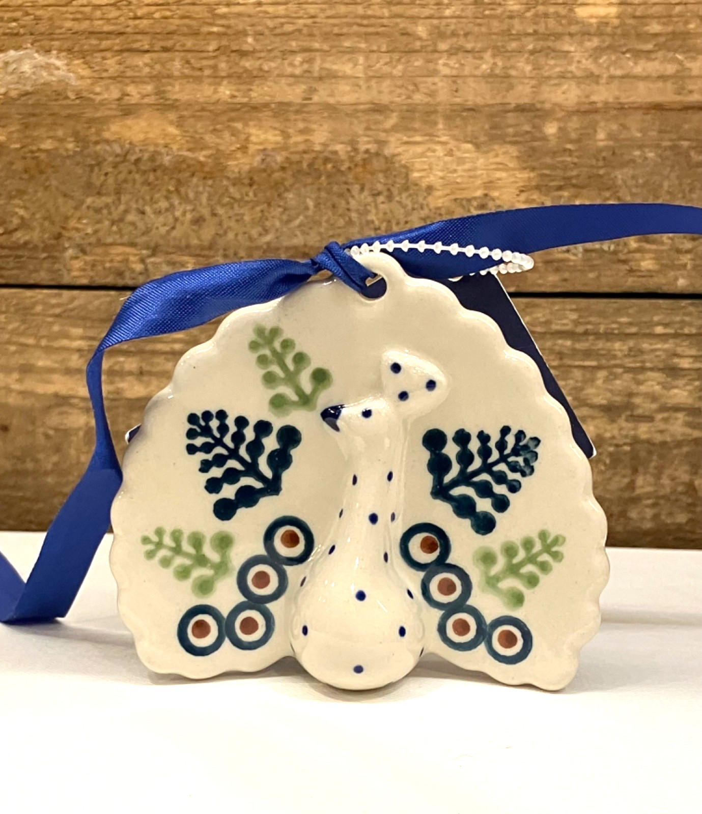 Bolesławiec Polish Pottery Peacock Christmas Ornament Peacock Eyes & Trees
