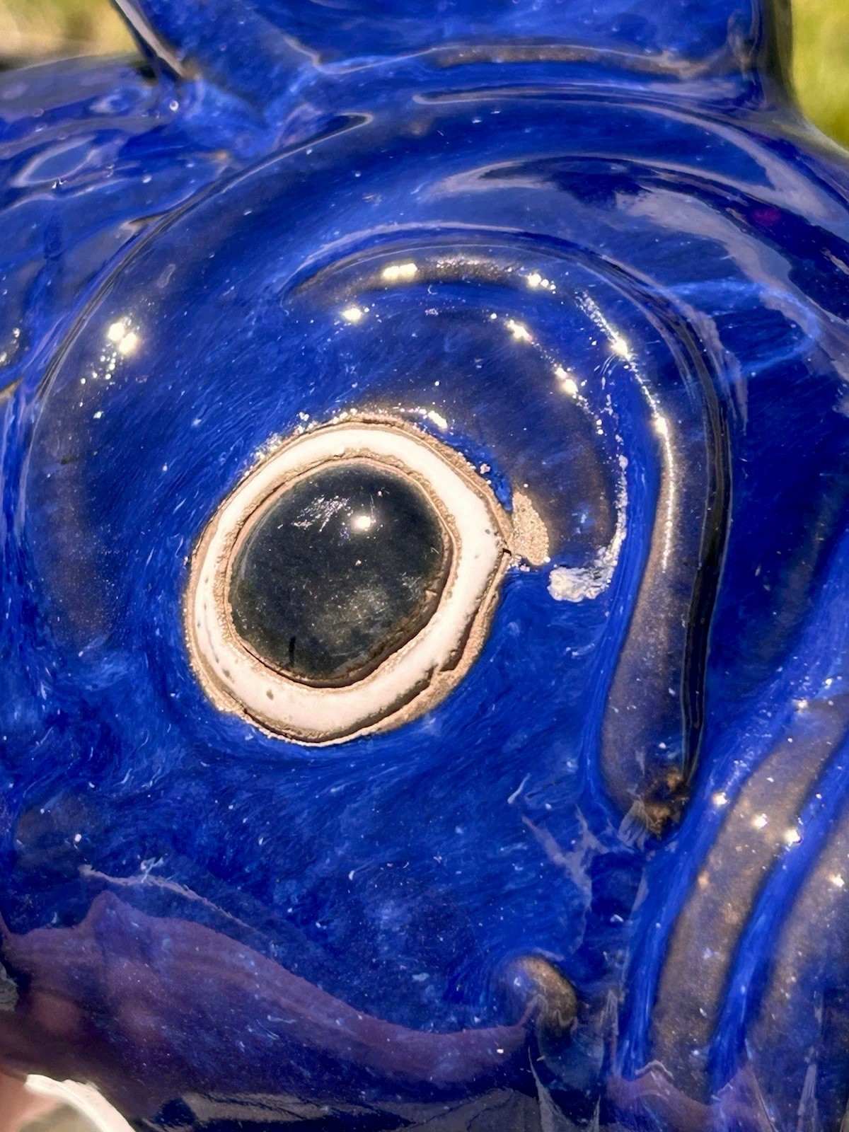 Art Pottery Cobalt Blue Fish Koi Sculpture Garden Decor World Market Approx 12”L