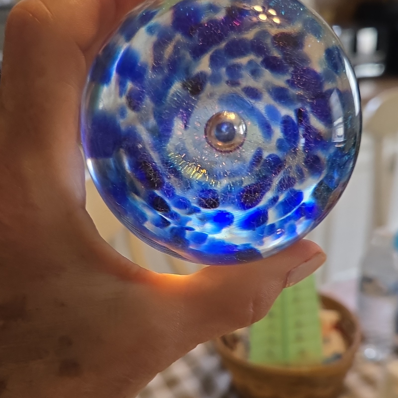 Robert Eickholt Signed Dichroic Art Glass Paperweight Blue/Clear 1984