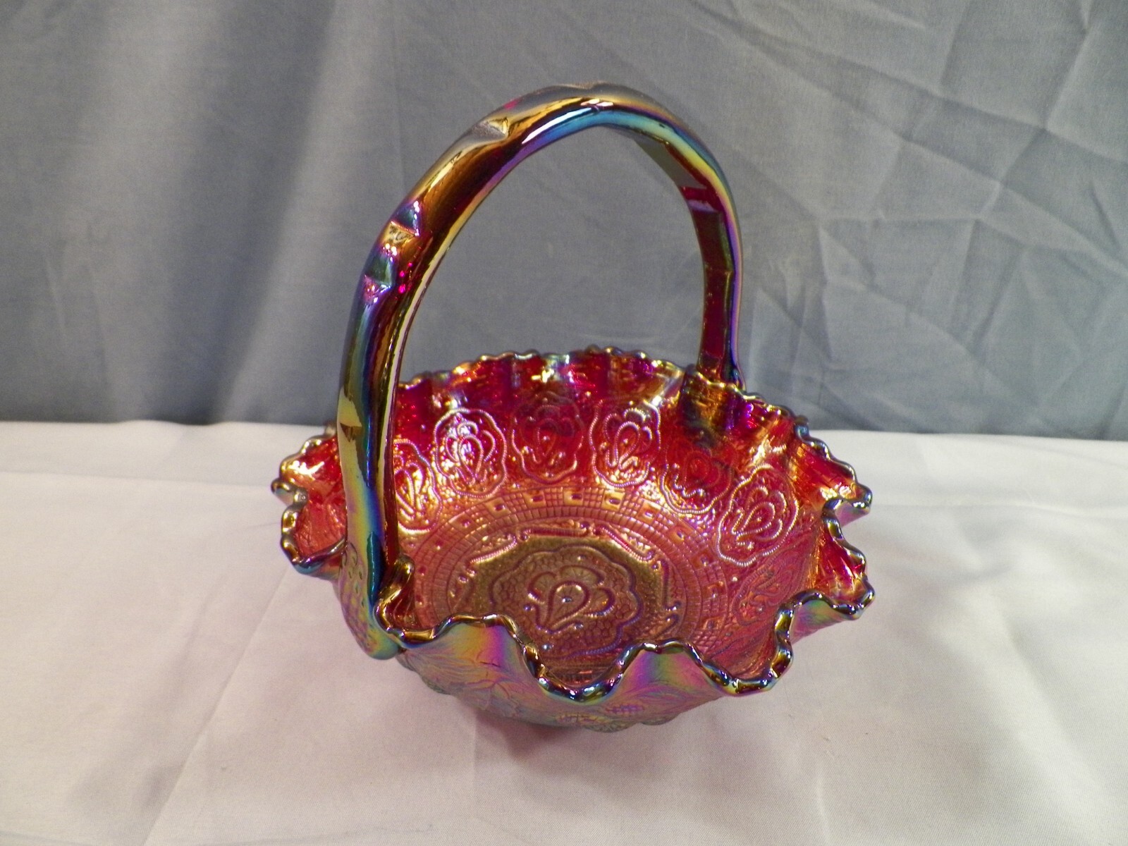Fenton Red Carnival Glass Persian Medallion Basket 7 1/4″ Tall